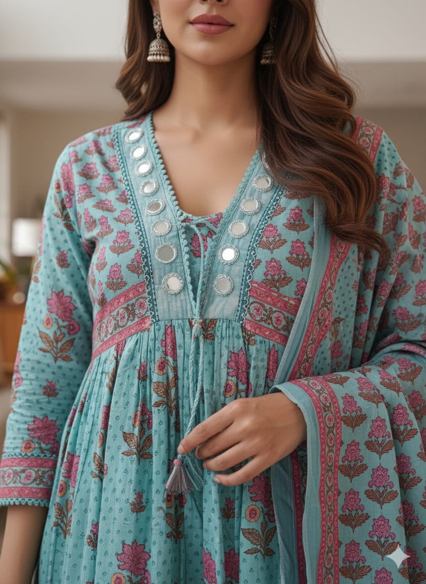 Block Print & Mirror Work Cotton Suit Set
