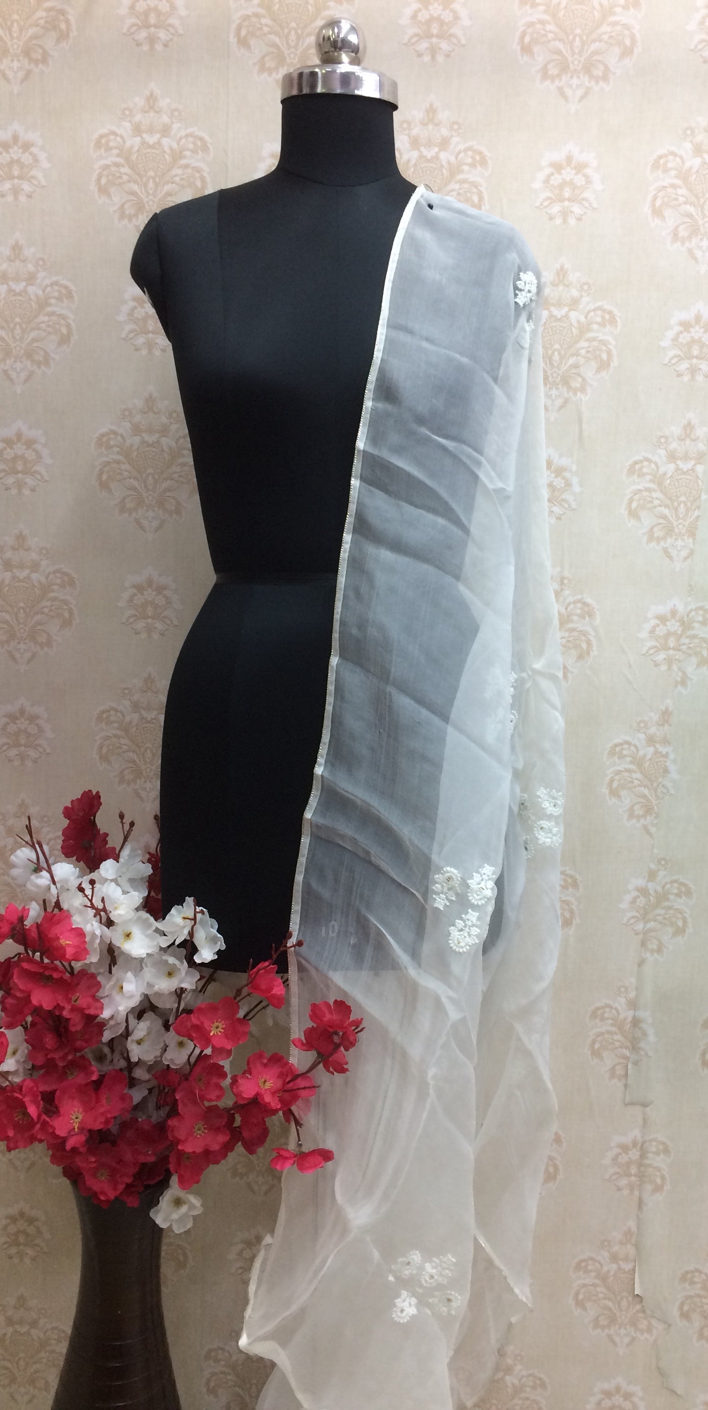 White Organza Dupatta with Floral Embroidery