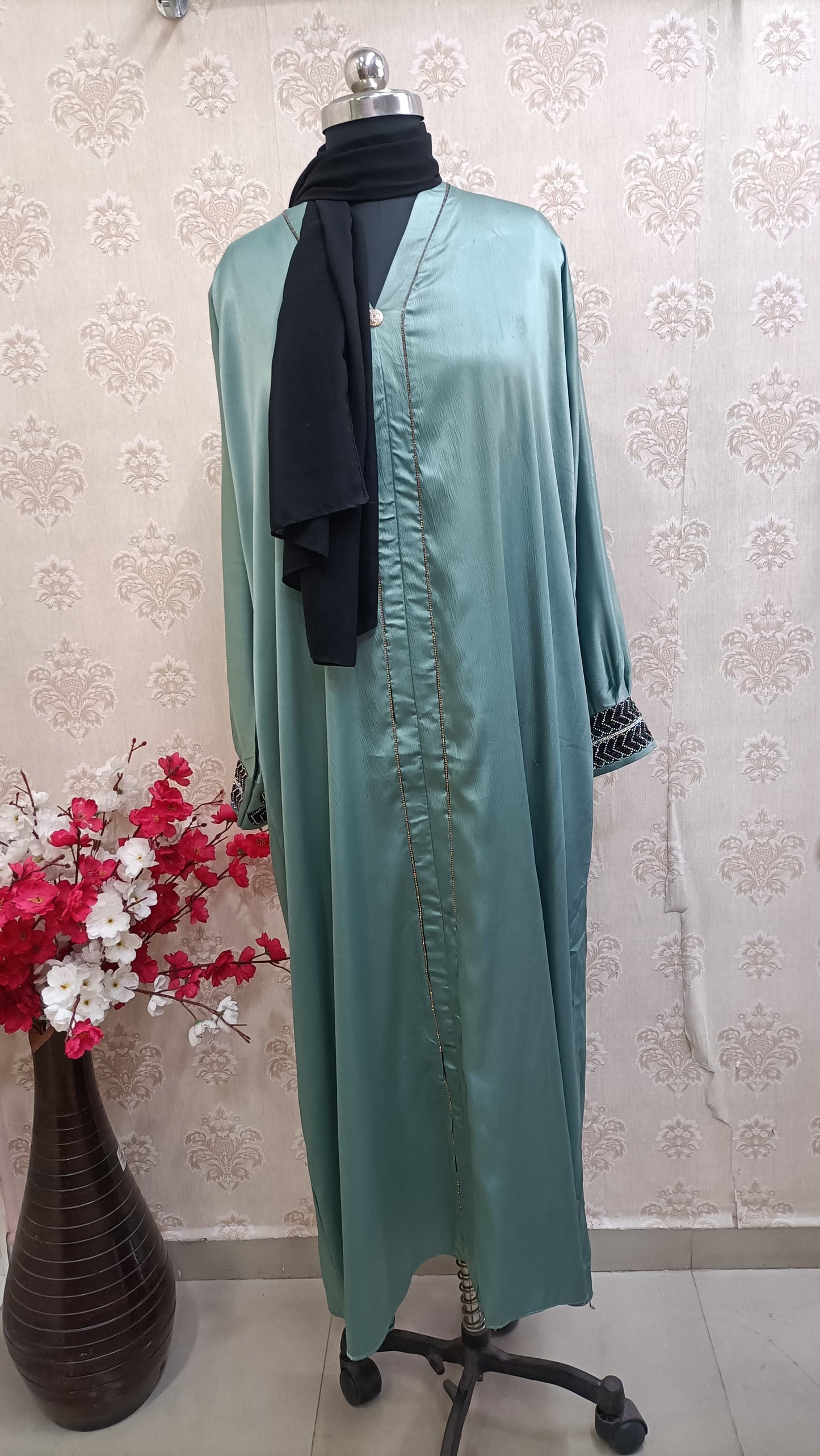 Seafoam Satin Luxe Abaya with Embroidered Cuffs