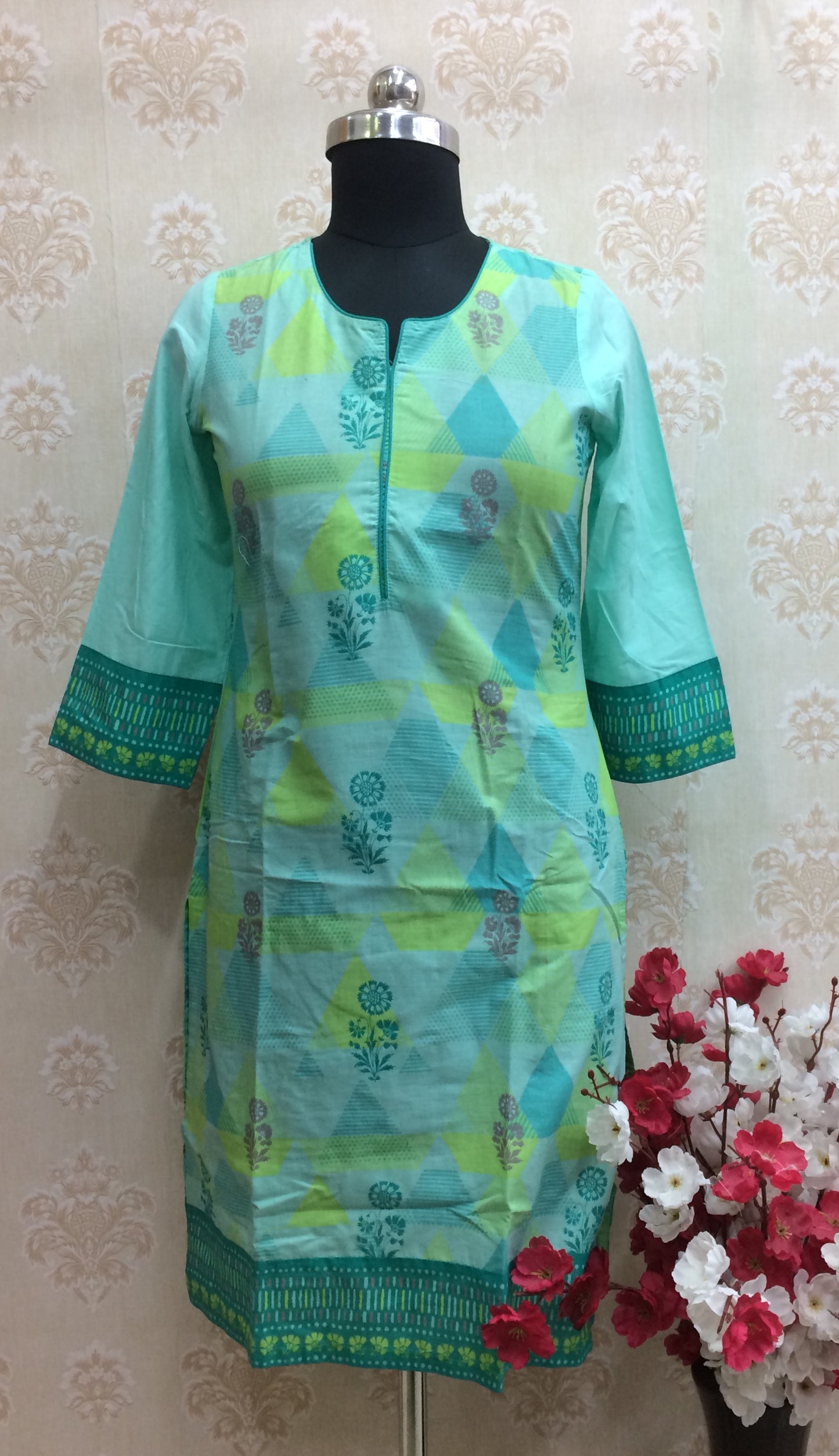 Mint Green & Lime Printed Cotton Kurti