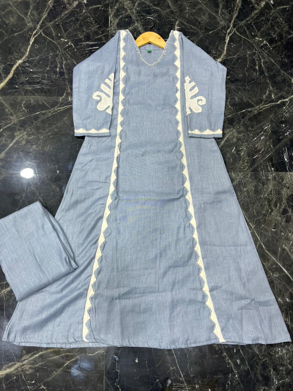 Rowan Dusty Blue Embroidered A-Line Kurta Set with Wide-Leg Palazzos