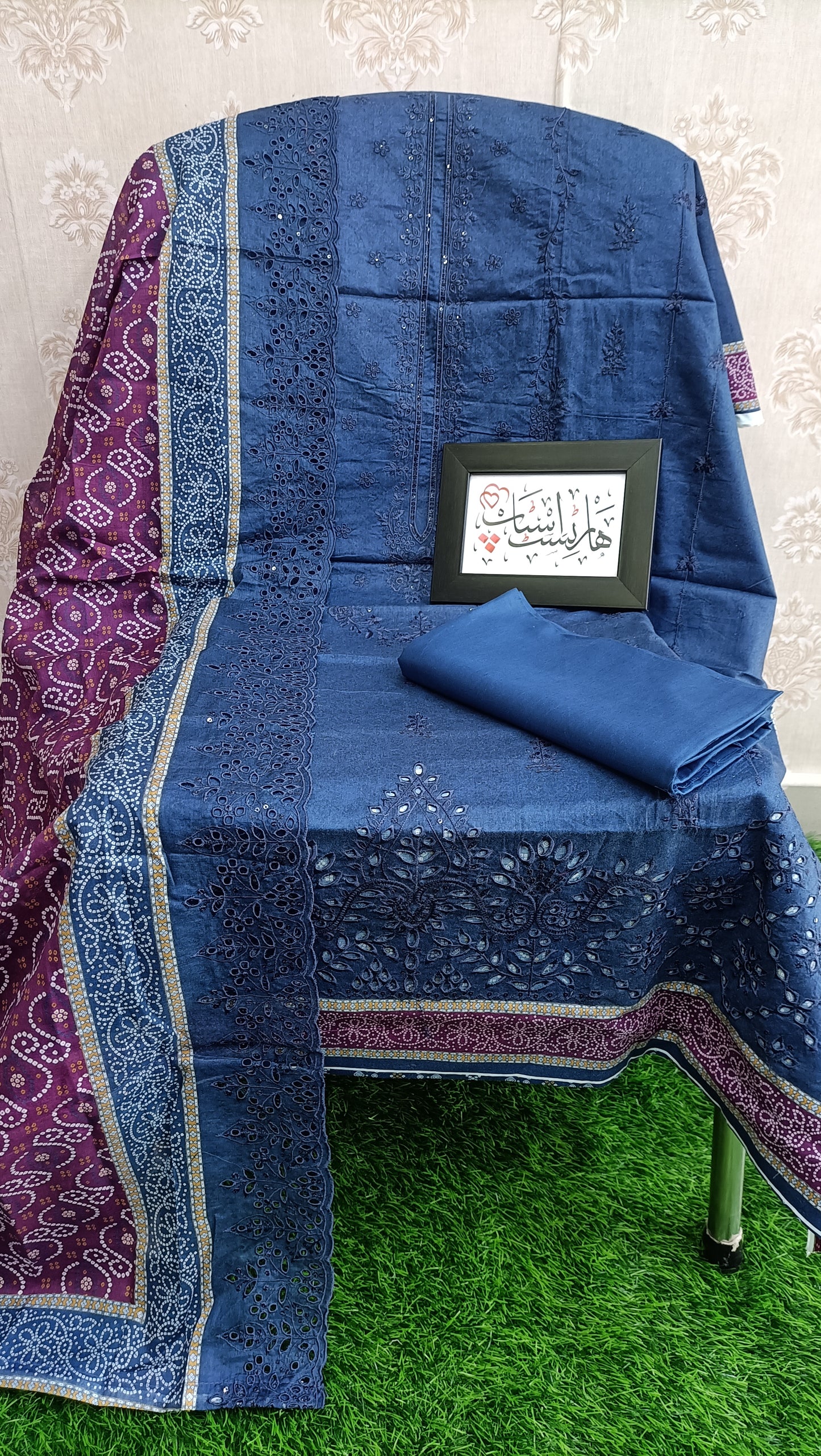Bin Saeed unstitched embroidered bandhani print navy blue and magenta