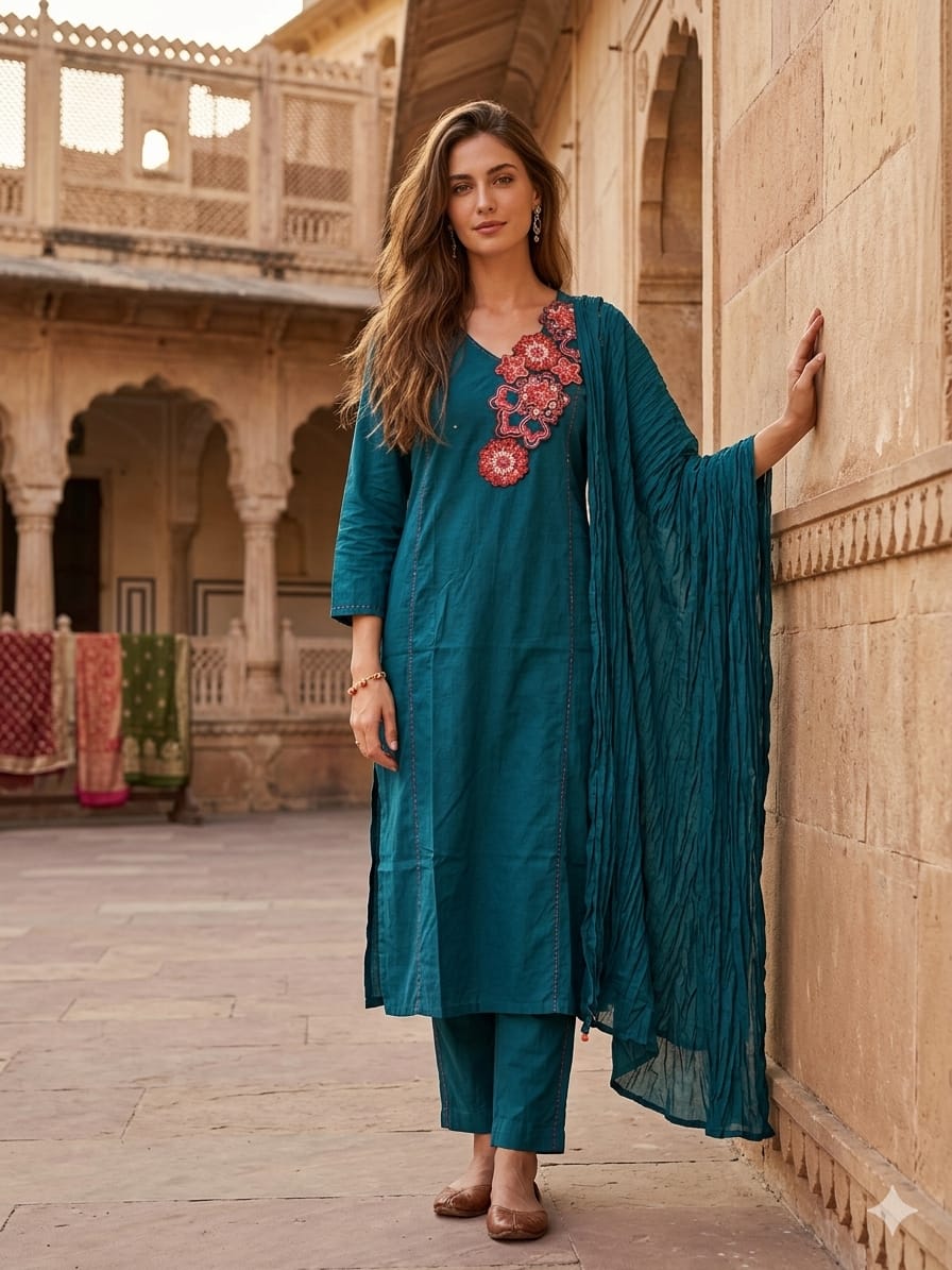 Heena Teal Embroidered Cotton Suit Set