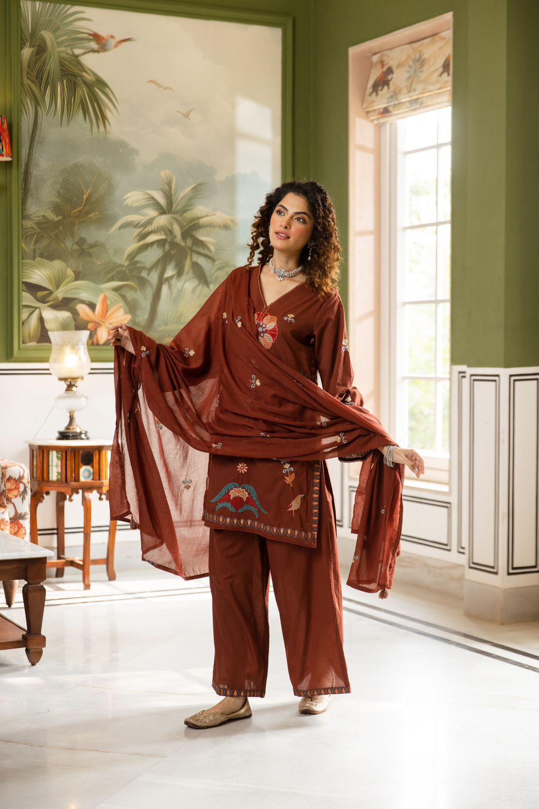 Rich Burnt Sienna Embroidered Cotton Suit Set