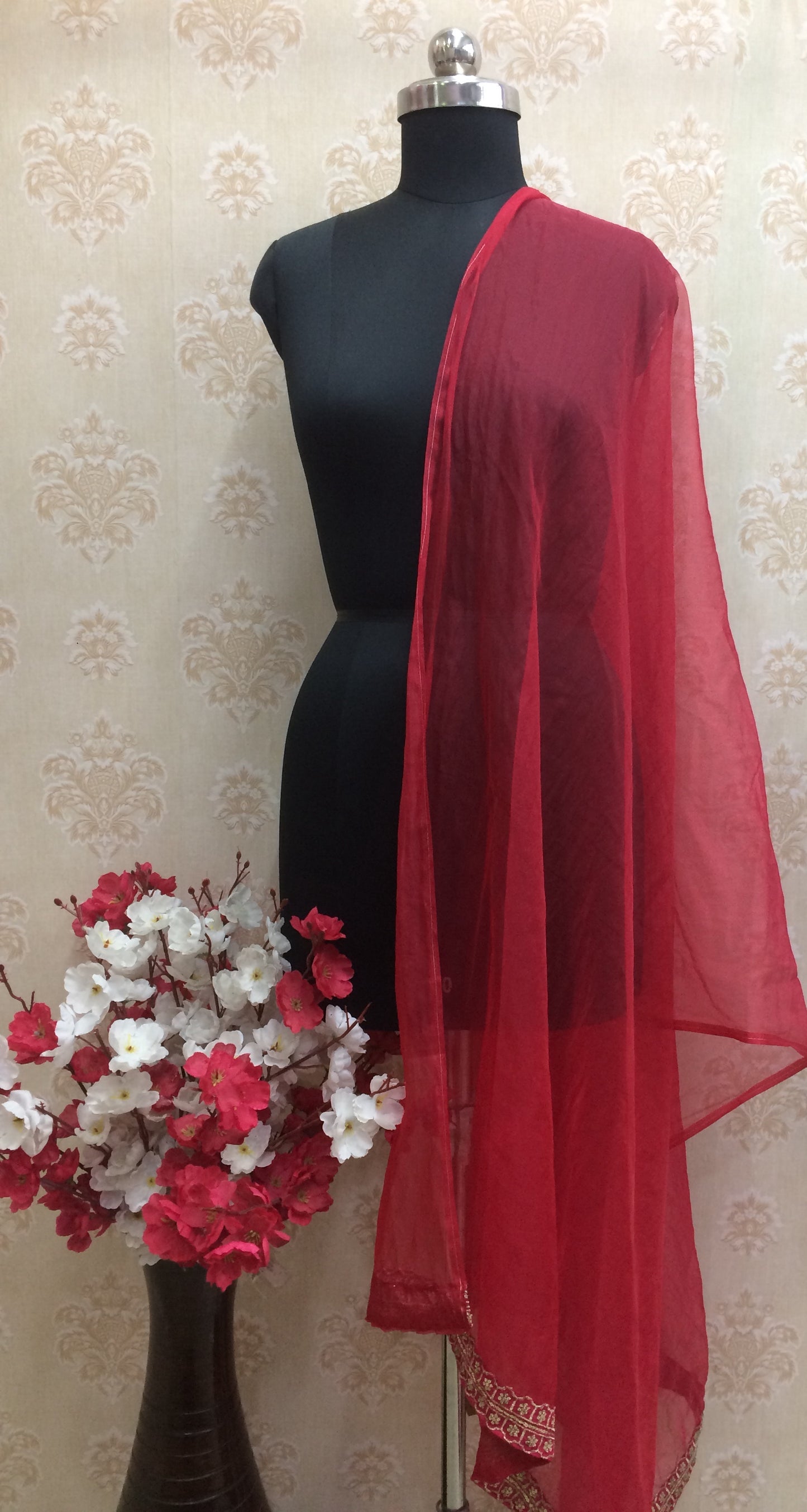 Red Organza Dupatta with Zari Border