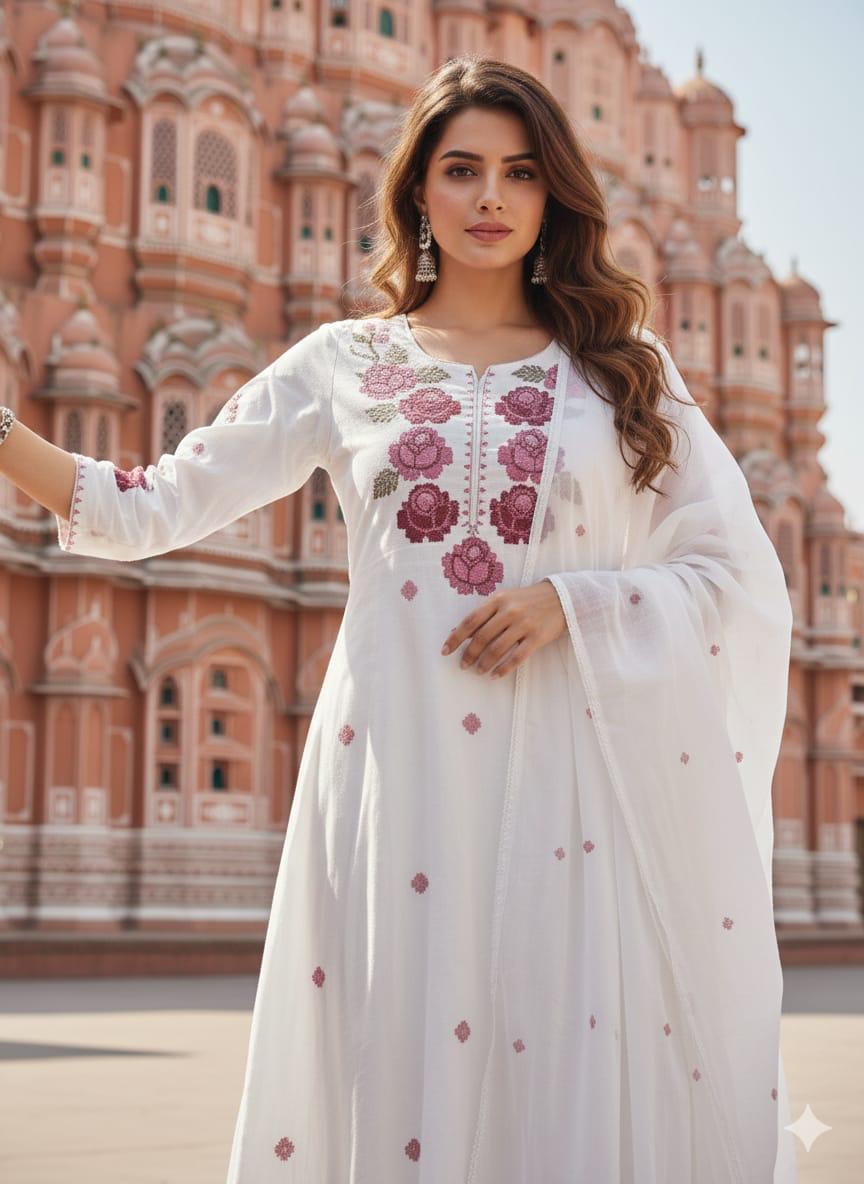White Embroidered Anarkali Suit Set with Dupatta