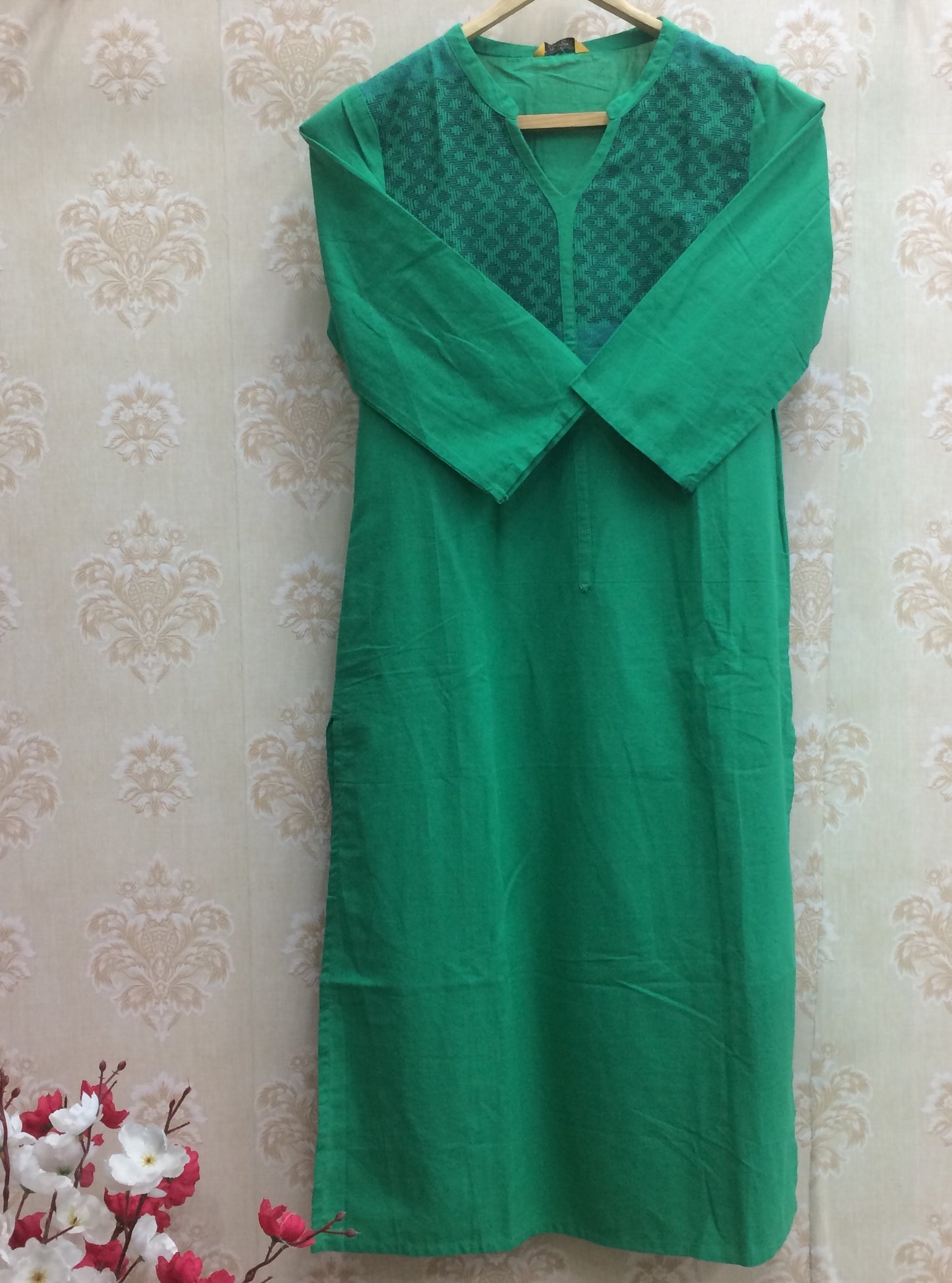Emerald Green Cotton Kurti with Embroidered Yoke