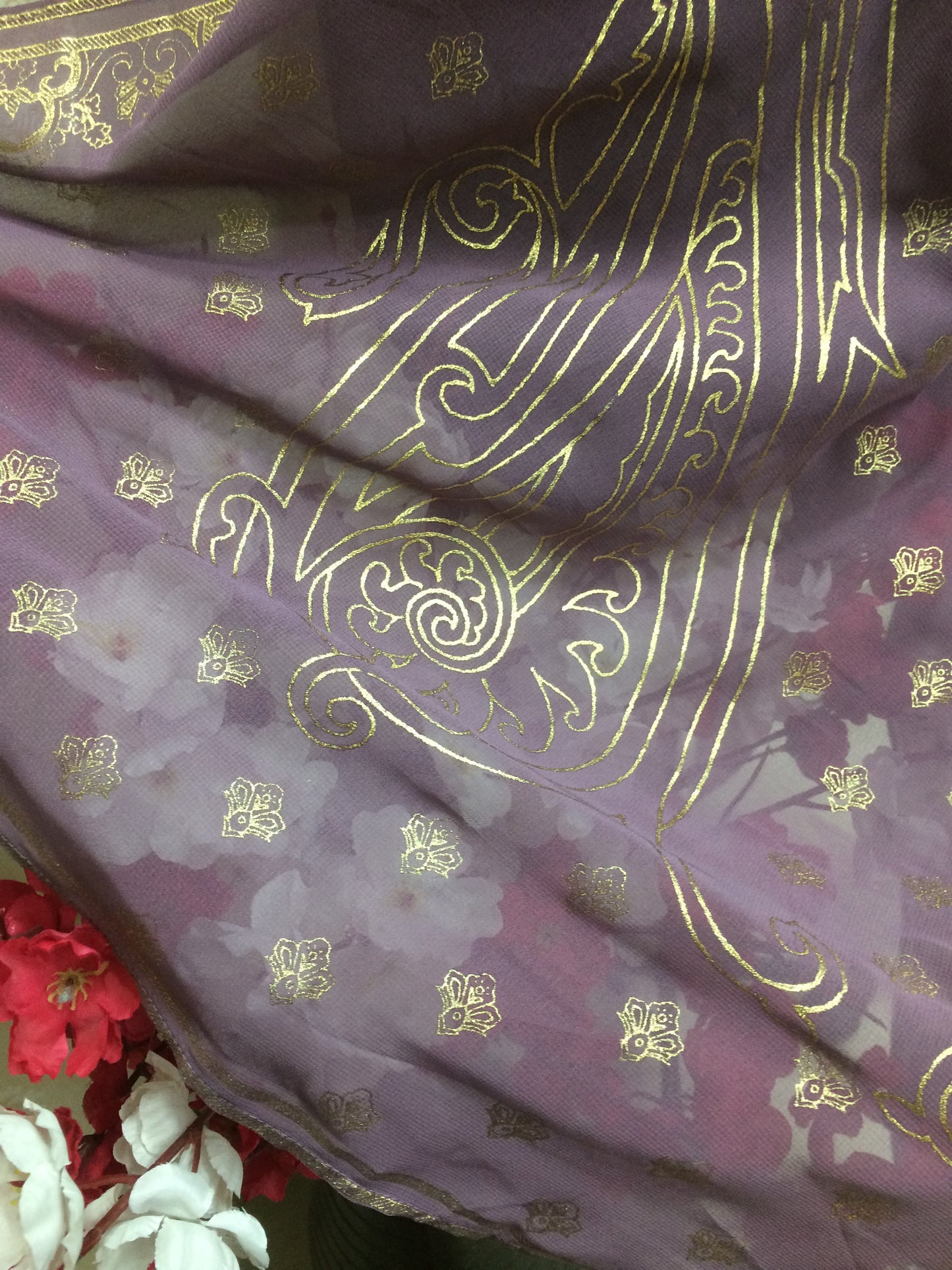 Royal Plum Chiffon Dupatta with Intricate Gold Foil Print
