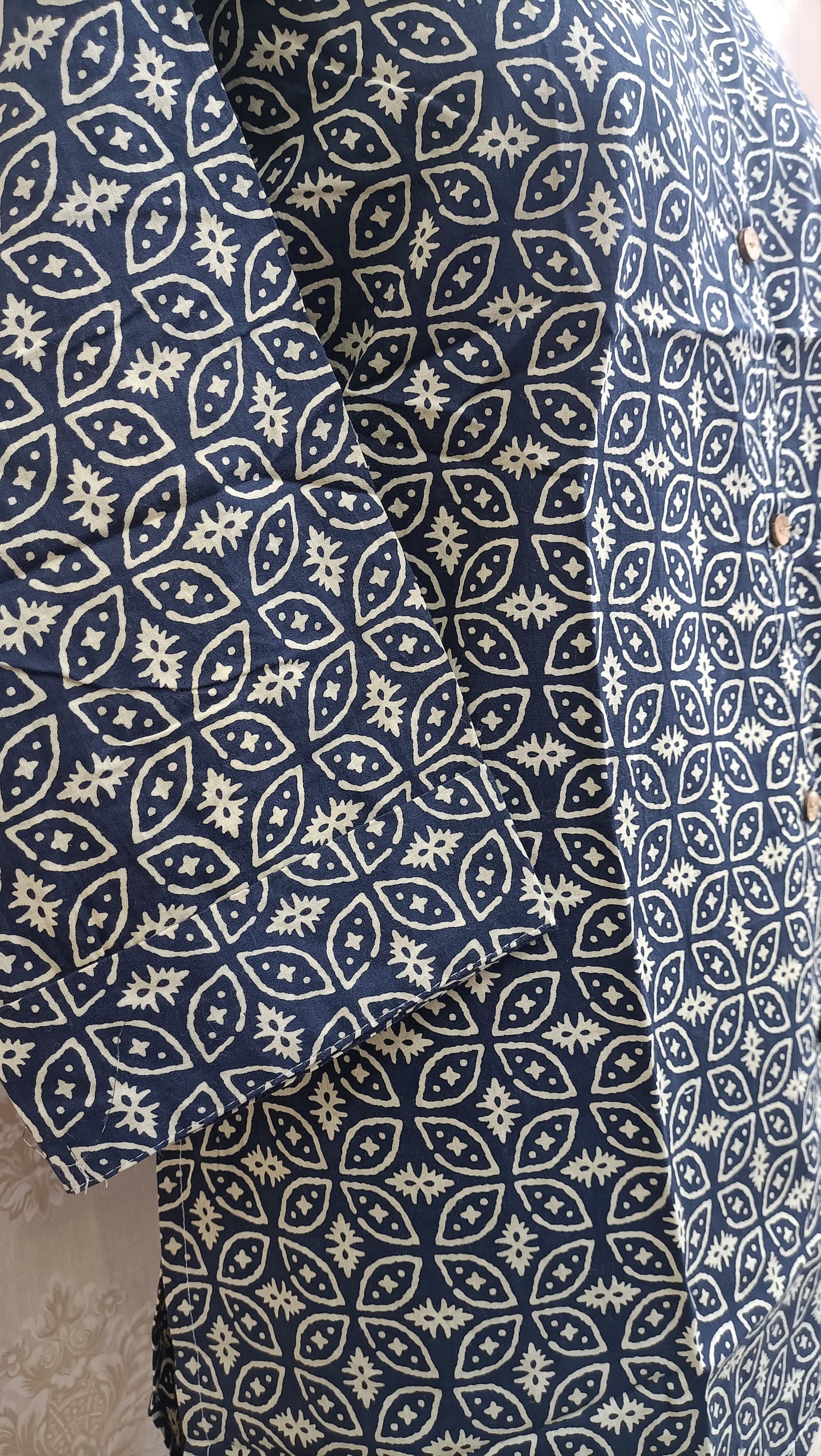 Navy Blue & Cream Geometric Short Kurti