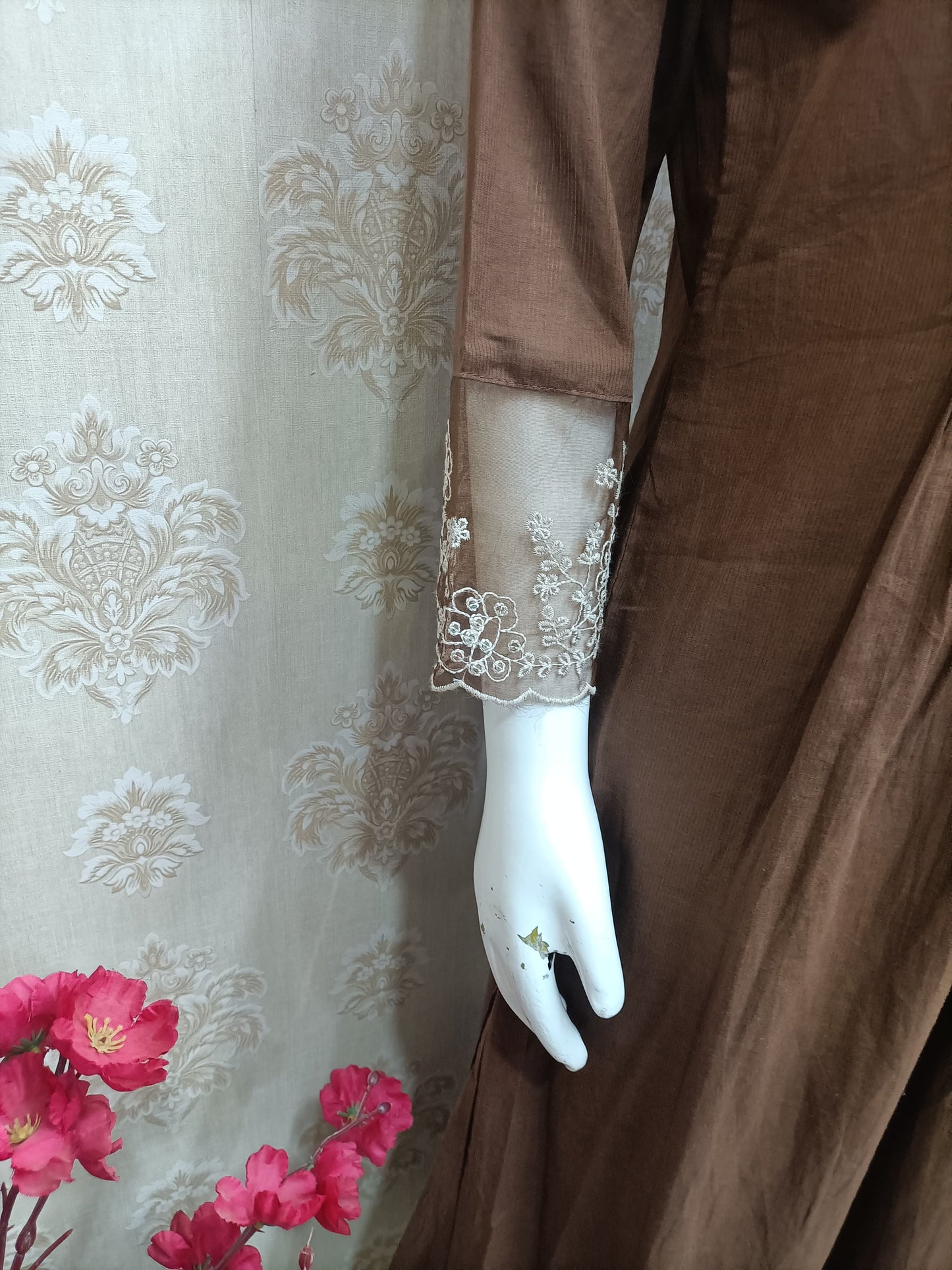 Rich Brown Embroidered Cotton Kurta Set with Dupatta