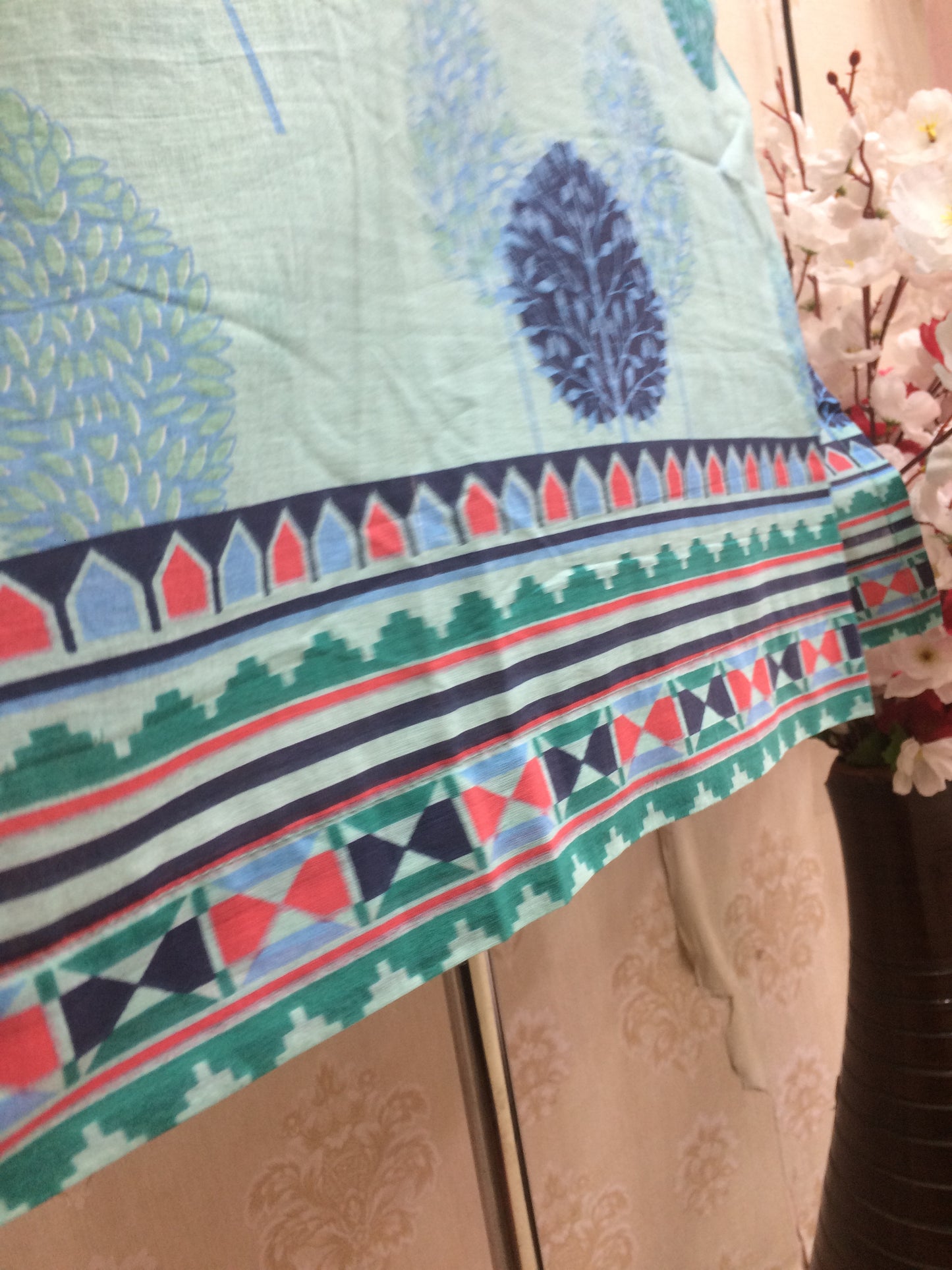 Mint Blue Cotton Printed Short Kurti with Tree Motif & Border Hem