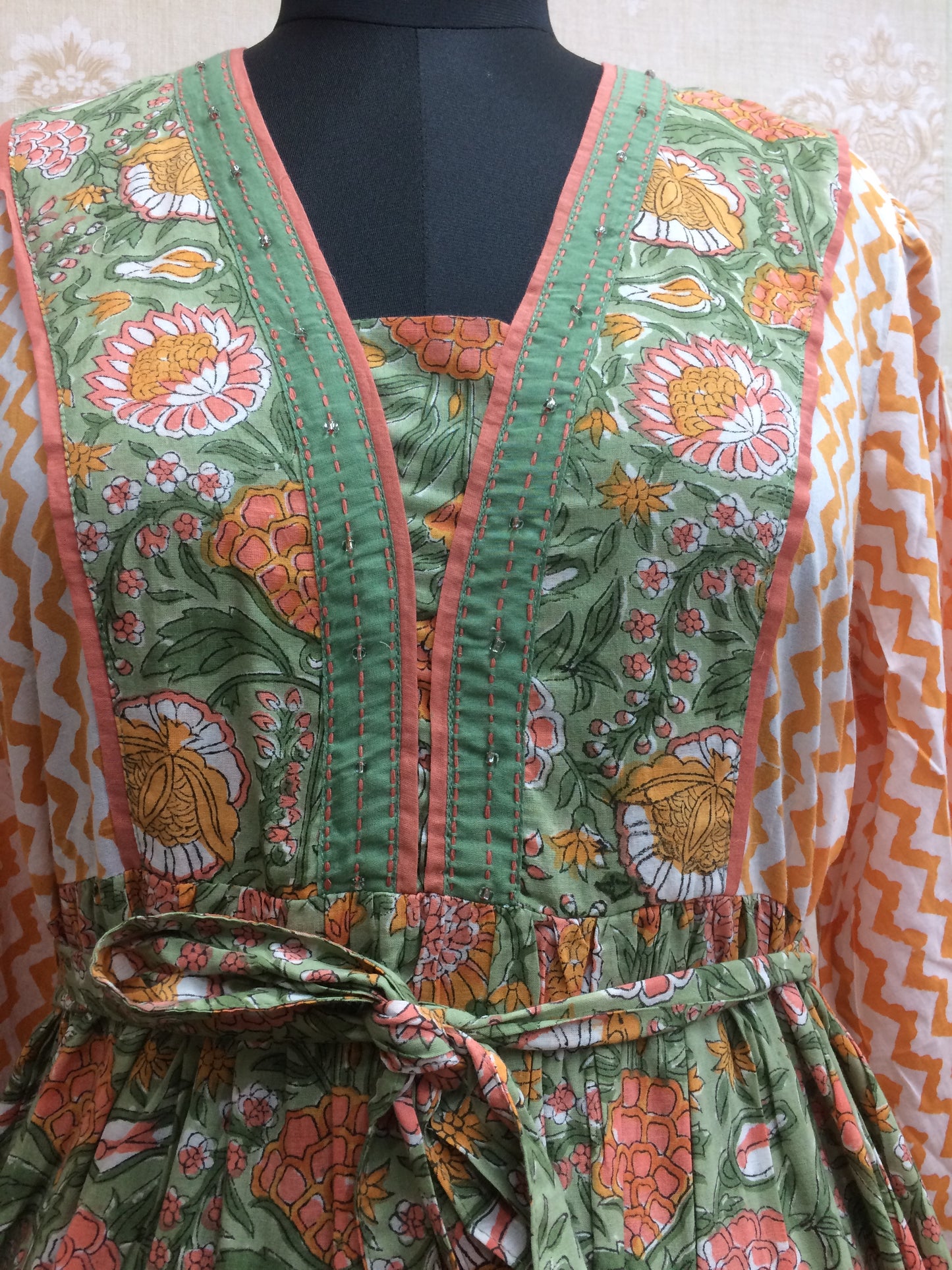 Cotton Block Print Flared Kurti with Tie-Up Belt