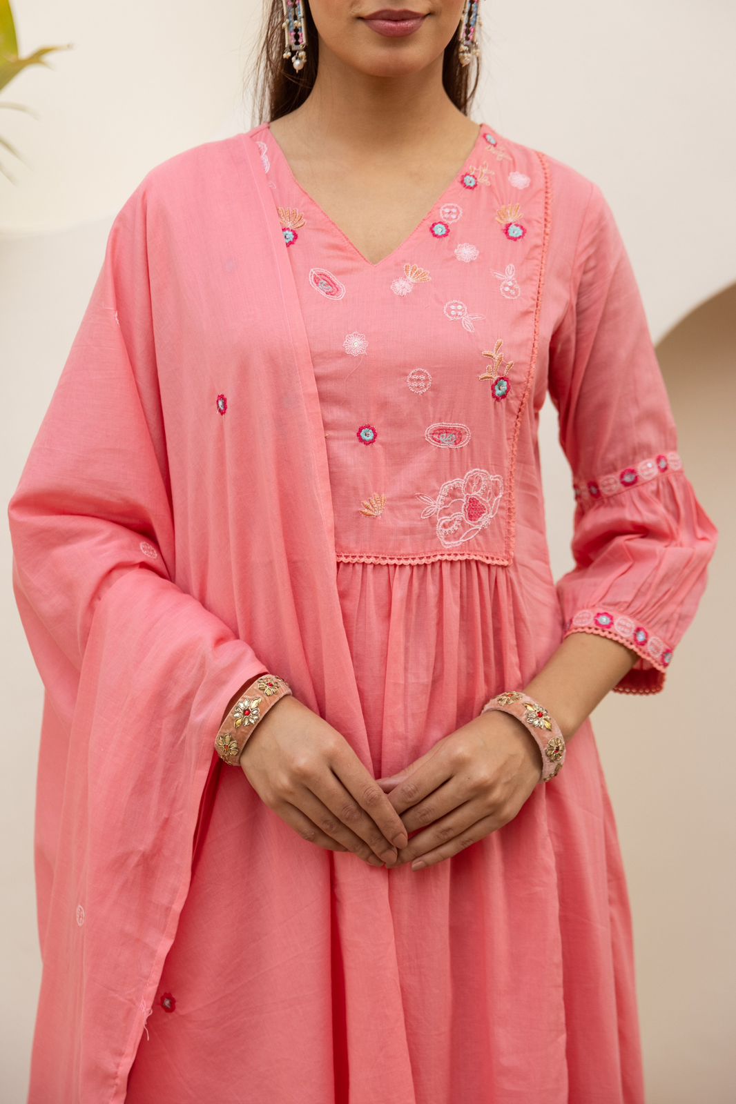 Nora Blushing Rose Embroidered Cotton Anarkali Suit Set