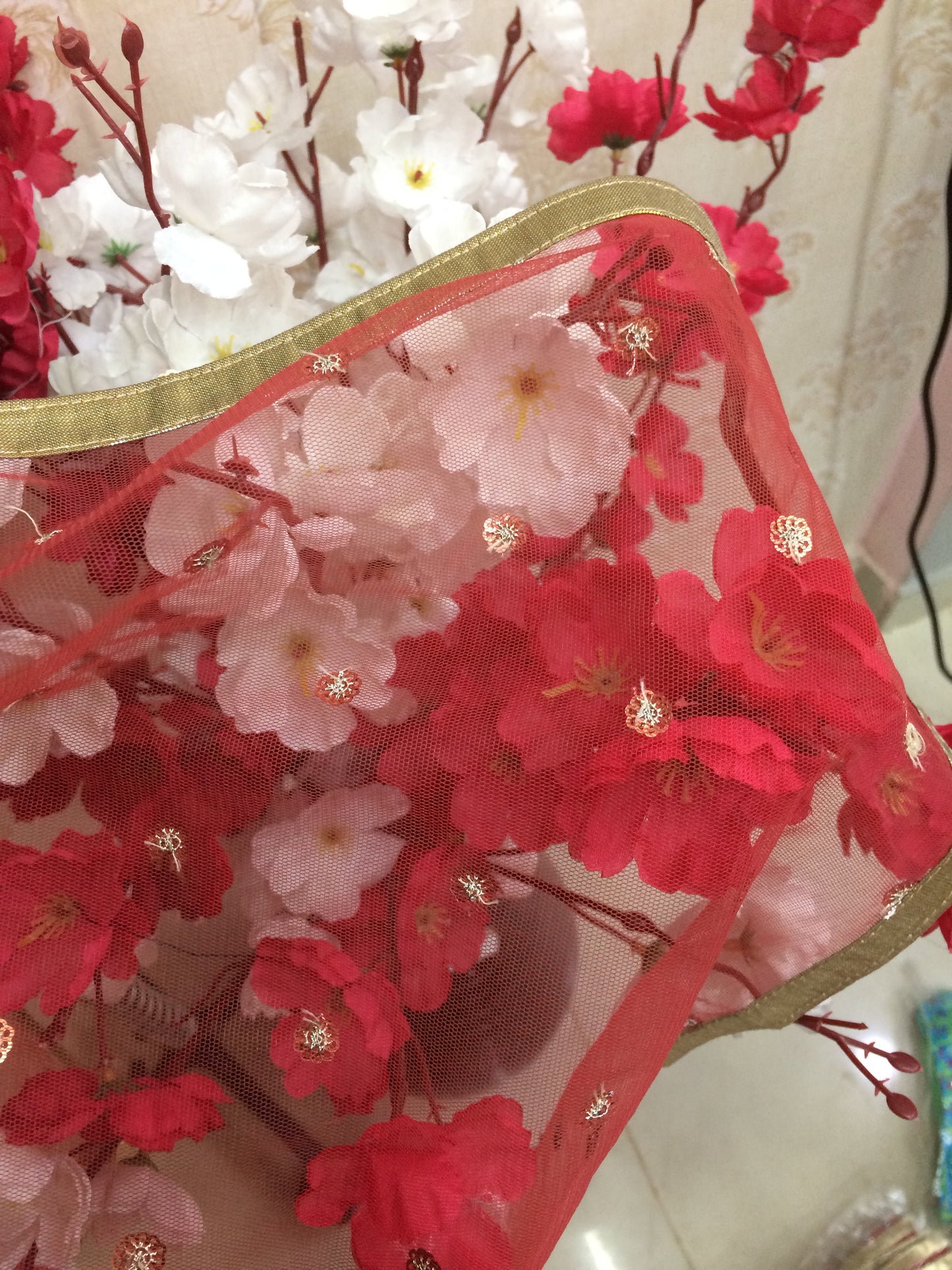 Red net dupatta all over light tikdi work with golden lace
