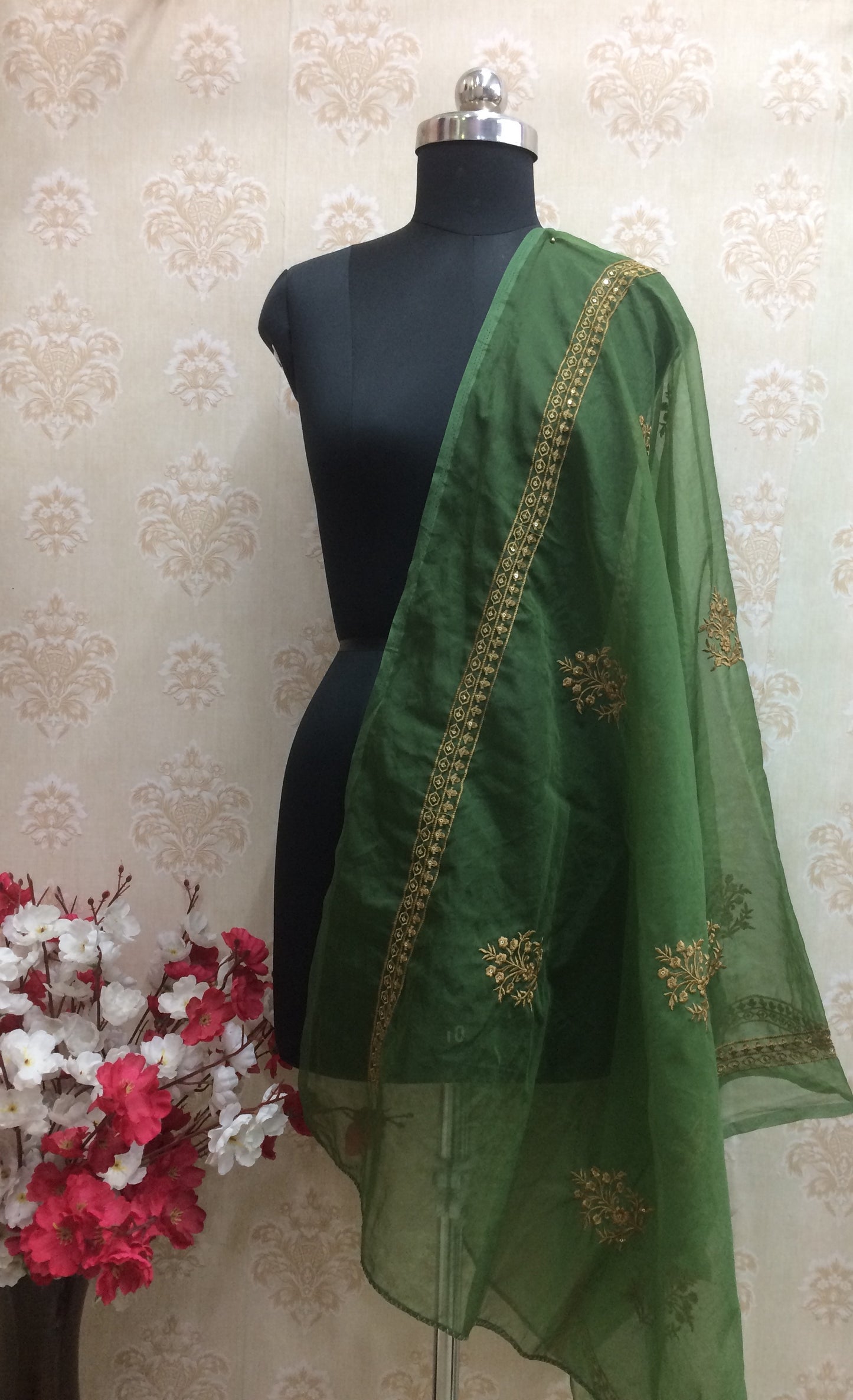 Bottle Green Organza Dupatta with Intricate Gold Zari Embroidery