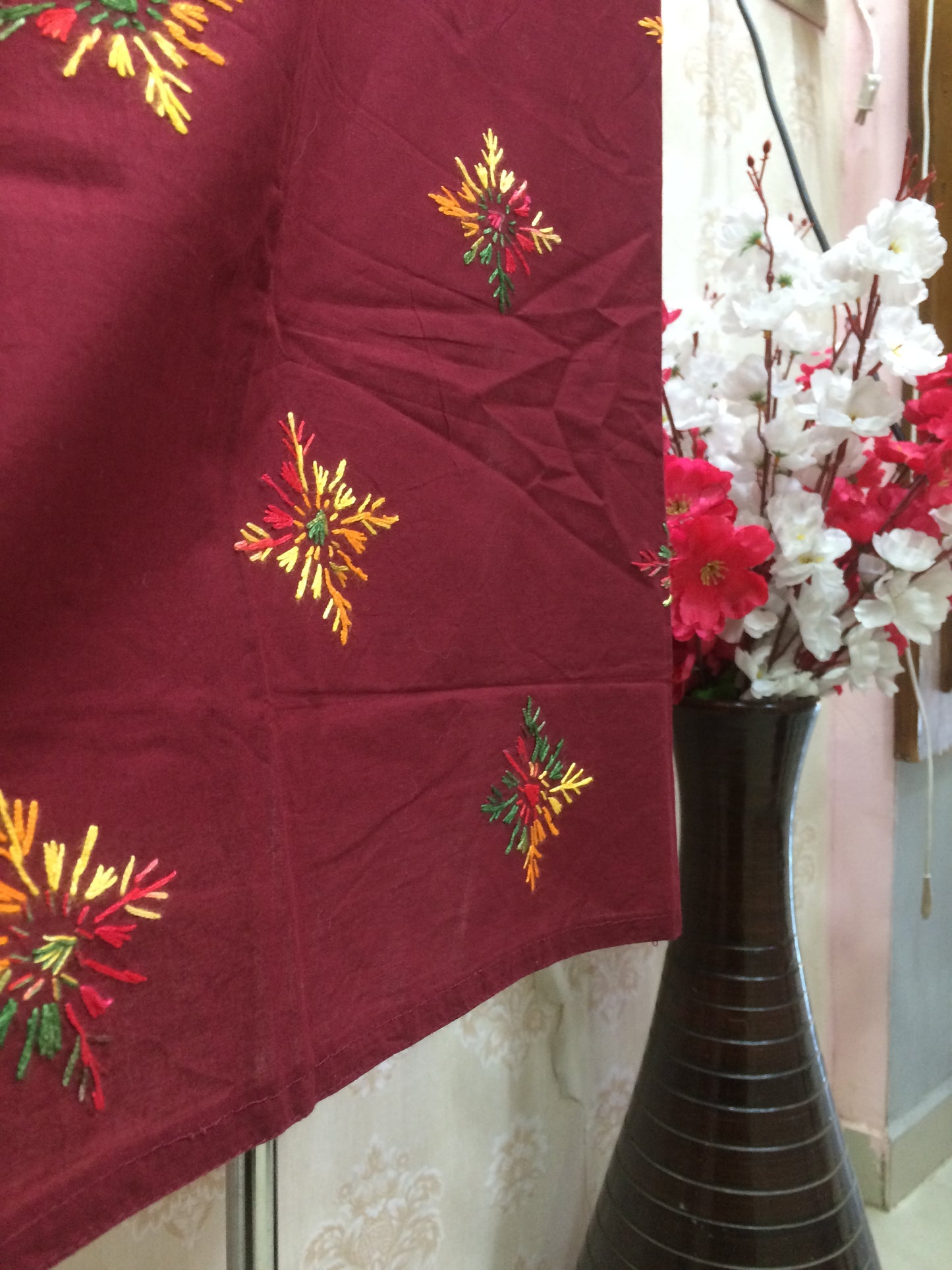 Maroon Khadi Cotton Kurti with Heavy Multi-Color Lucknowi Chikankari Style Embroidery