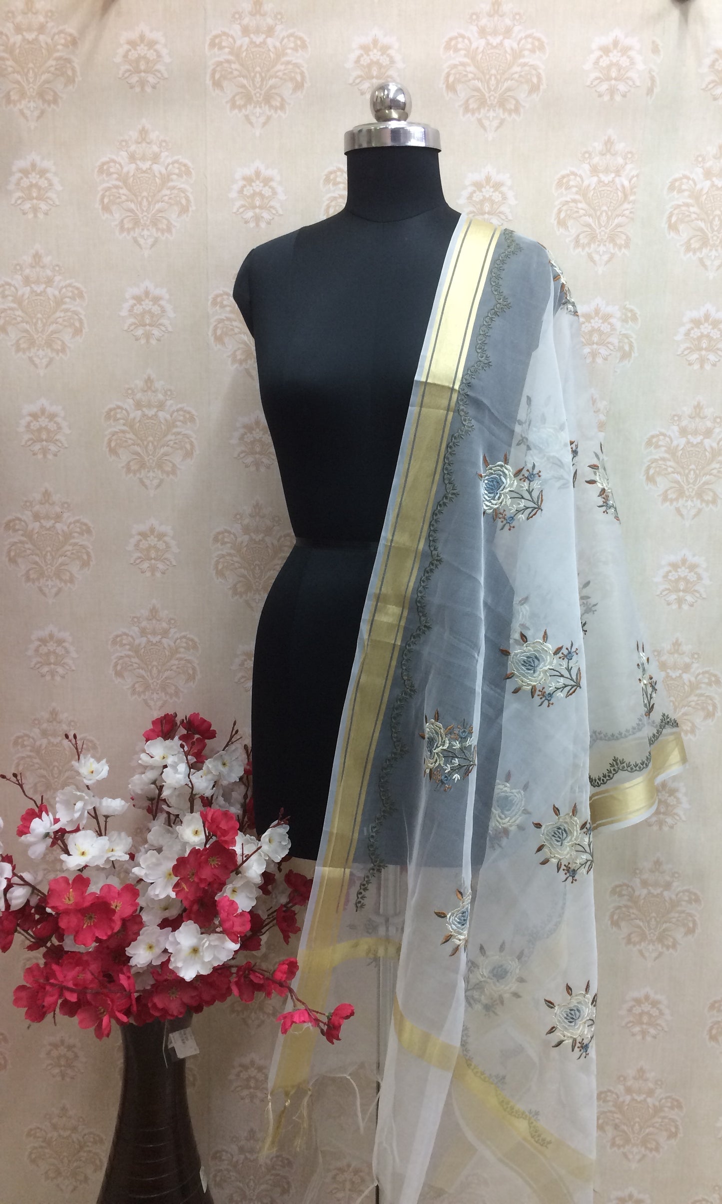 Organza Dupatta with Multi-Color Resham Floral Embroidery & Gold Trim