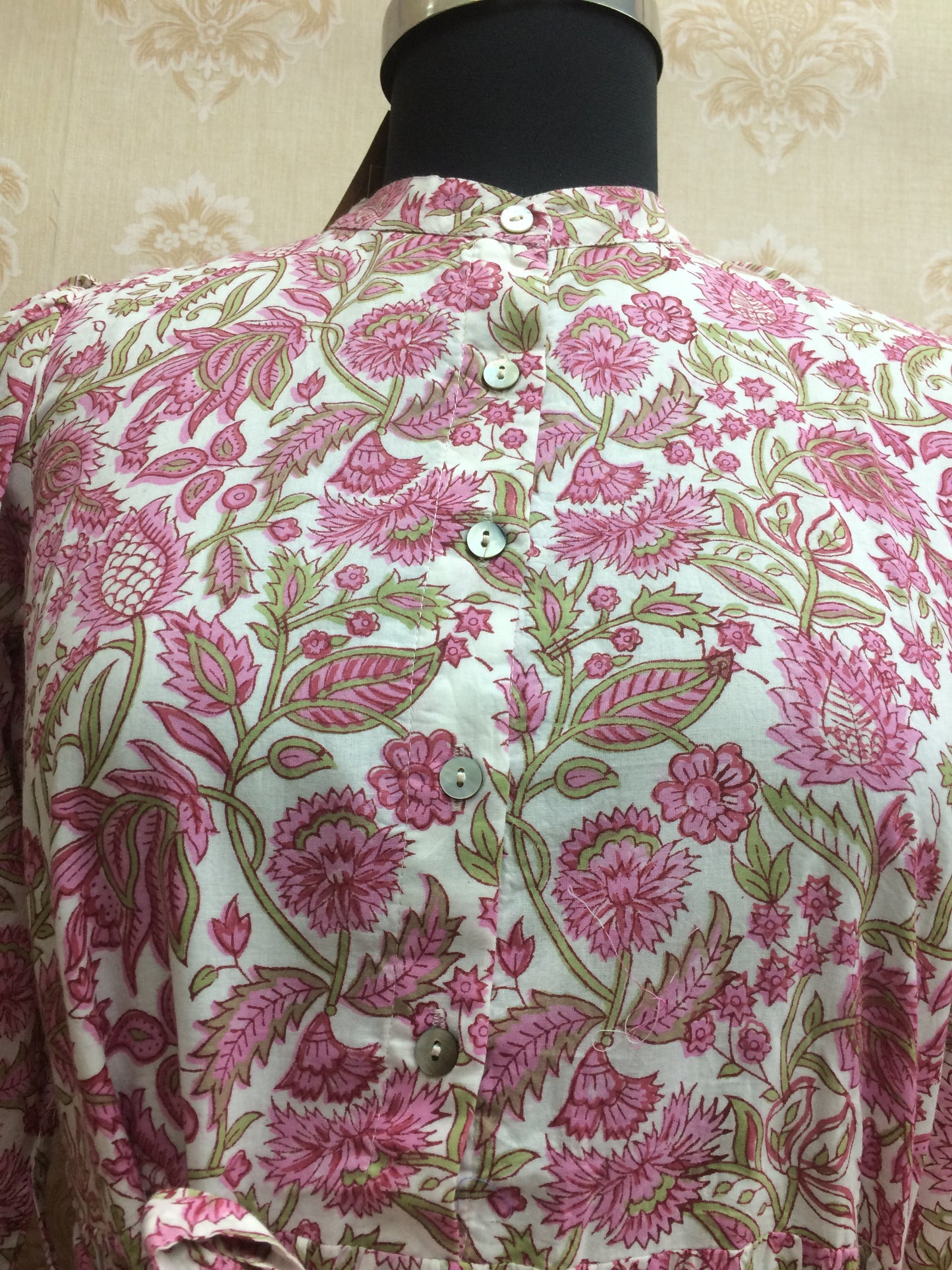 Pink Floral Print Flared Cotton Kurta with Tie-Up Belt