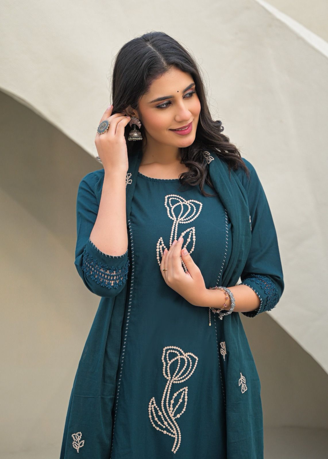 Teal Embroidered Cotton Kurta Set with Dupatta