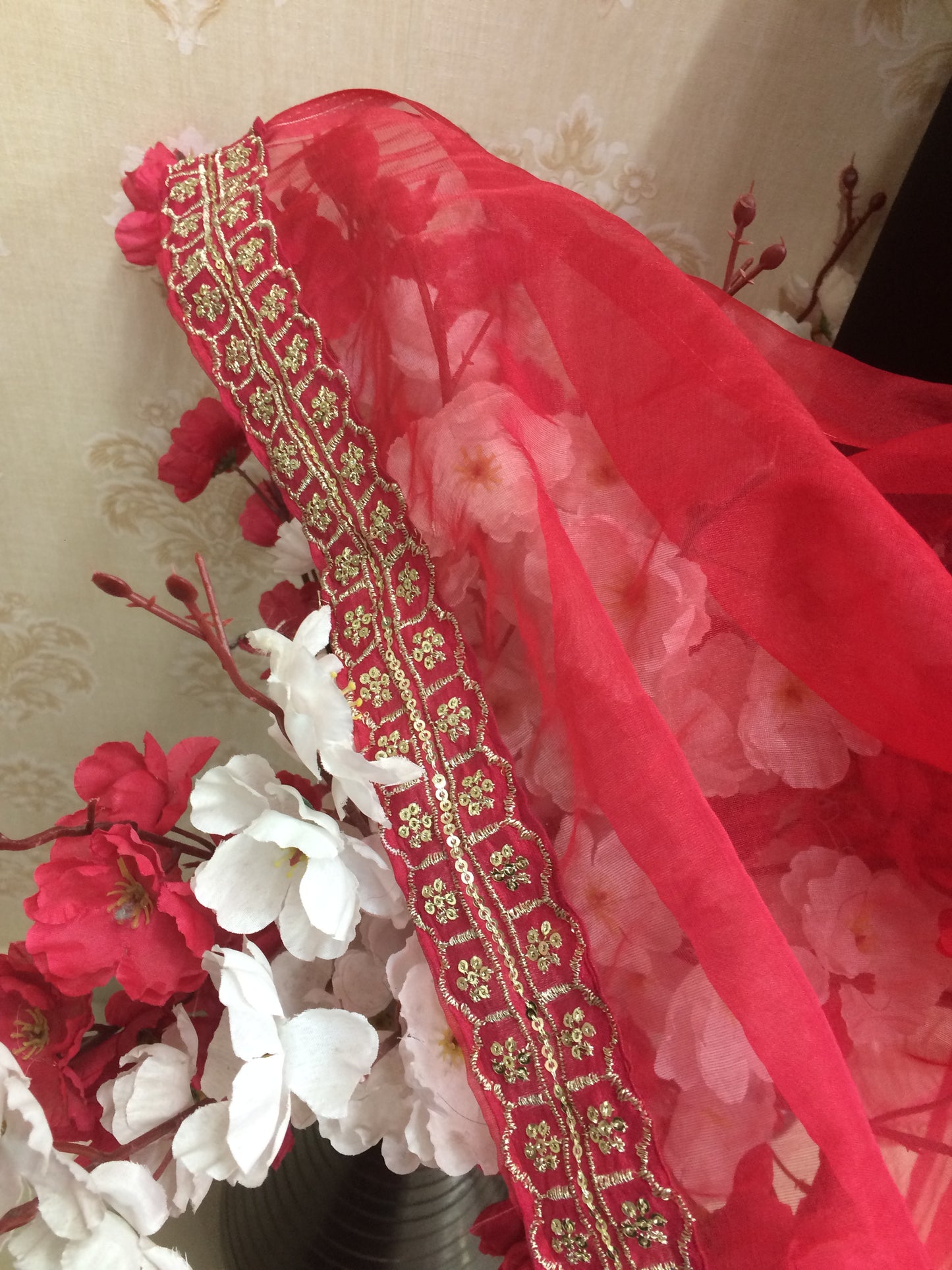 Red Organza Dupatta with Zari Border