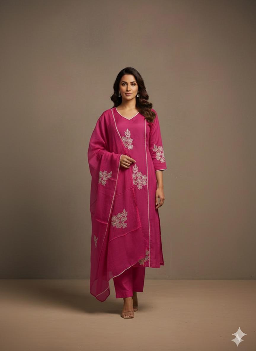 Pink Kurta Set with White Embroidery