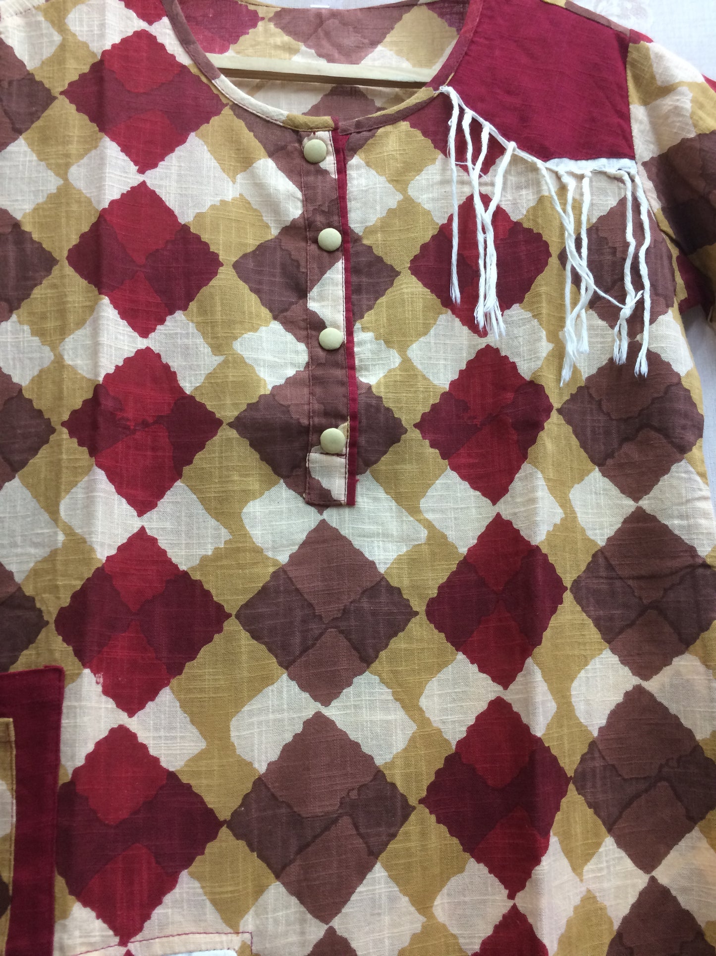 Maroon & Brown Argyle Print Cotton Kurti with Tassel Detailing