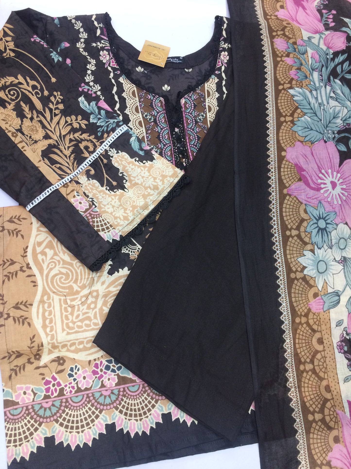 Elegant Black & Beige Floral Pakistani Stitched Cotton Suit