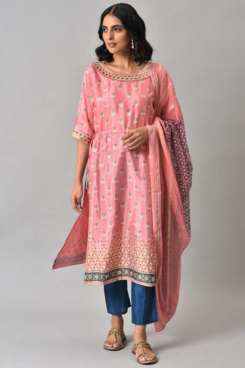 Lumira Coral & Indigo Floral Silk-Blend Kurta Set
