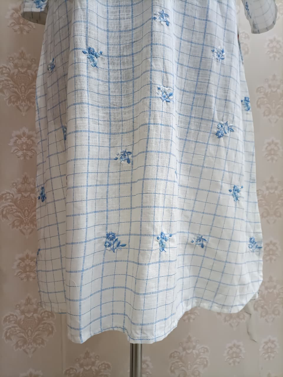 White & Blue Embroidered V-Neck Kurti with Check Pattern