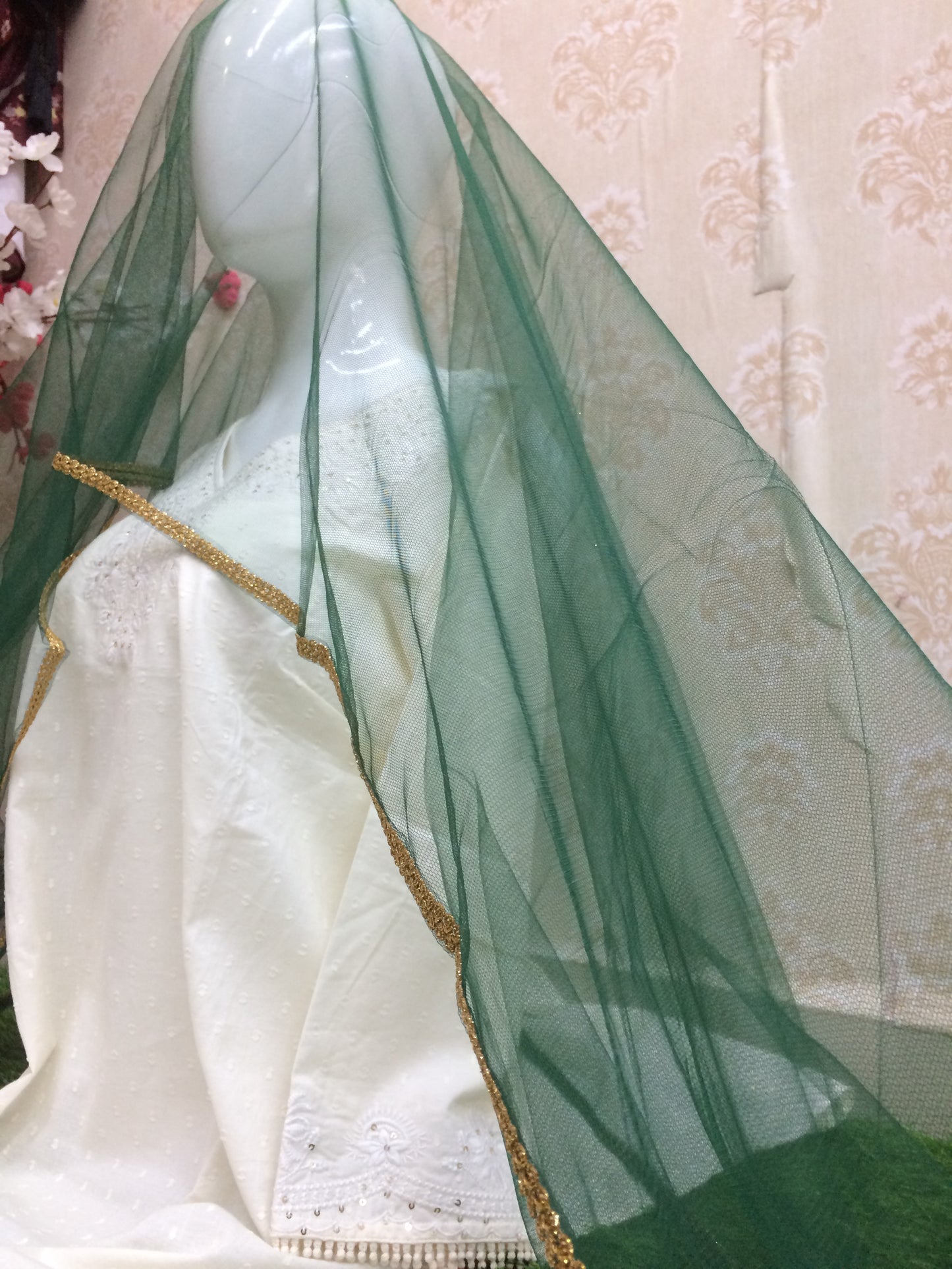 Dark Green Dupatta with Golden Lace