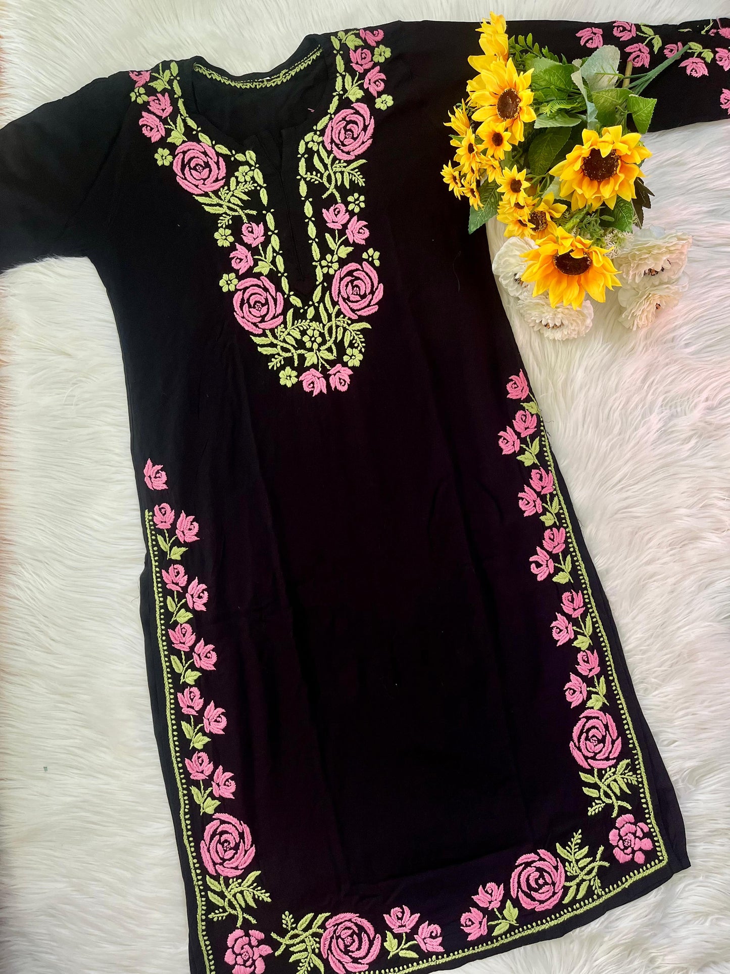 Kashmiri Aari Work Black Reyon Kurti - Elegant Floral Embroidery