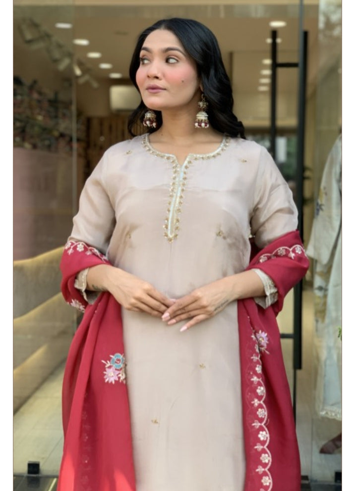 Designer Light Beige Silk Kurta Set with Red Dupatta
