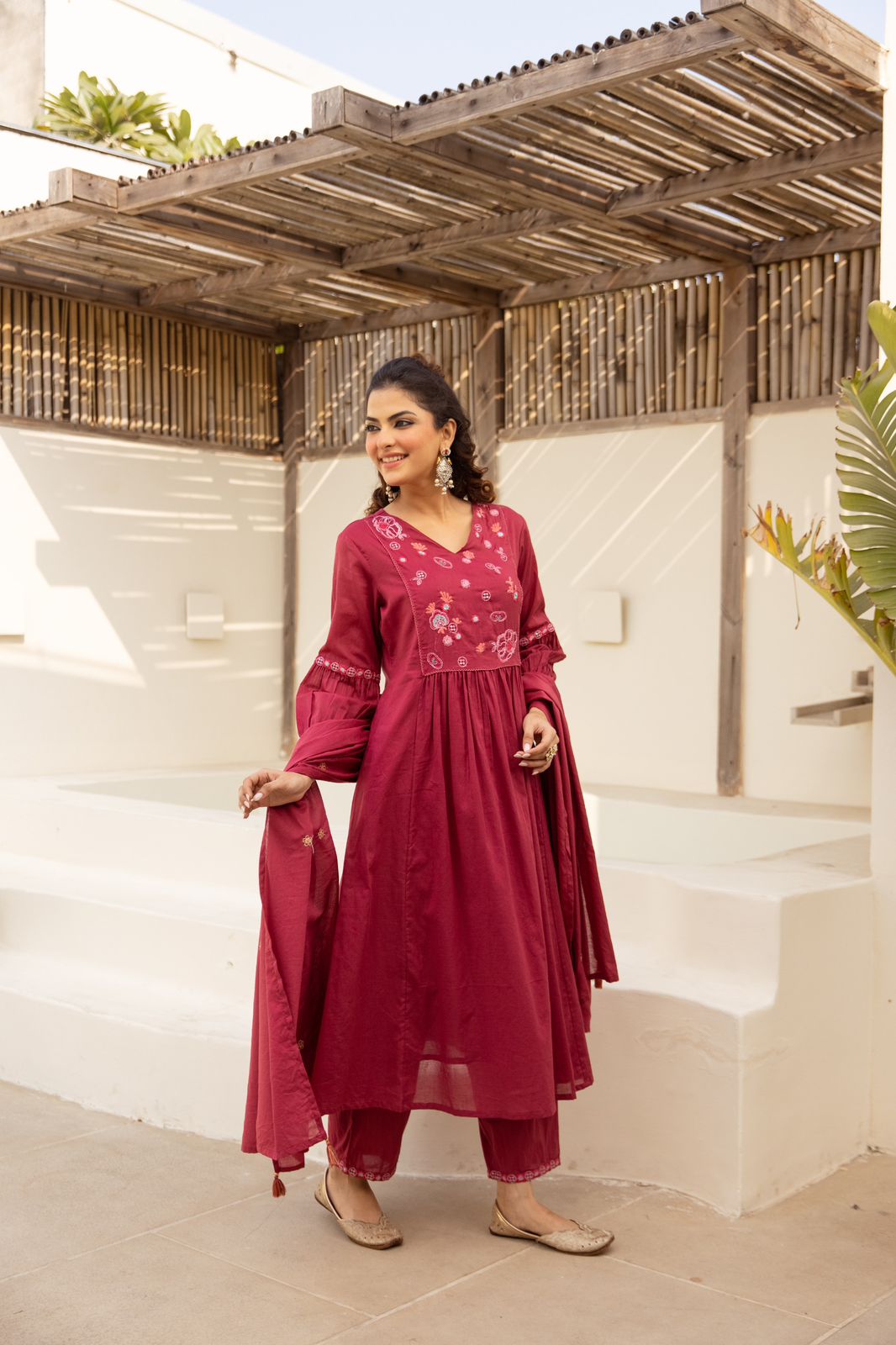 Deep wine embroidered anarkali set
