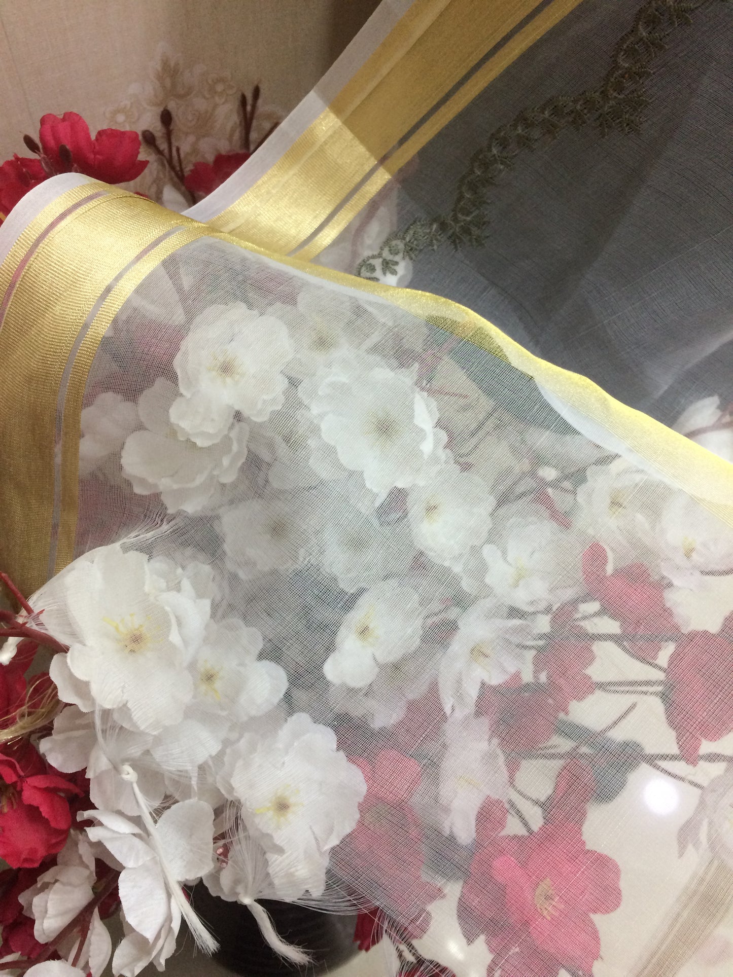 Organza Dupatta with Multi-Color Resham Floral Embroidery & Gold Trim