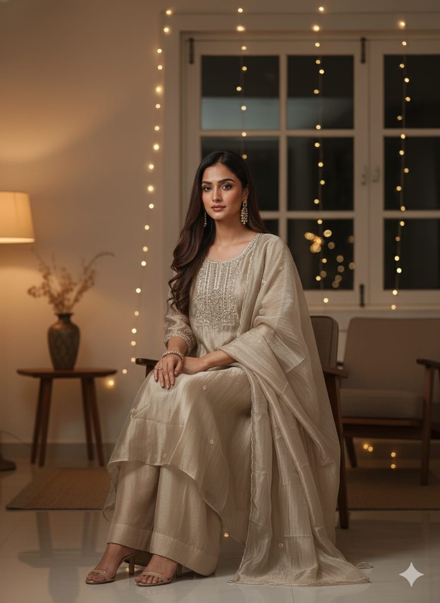 Tissue Silk Anarkali Kurta & Palazzo Set