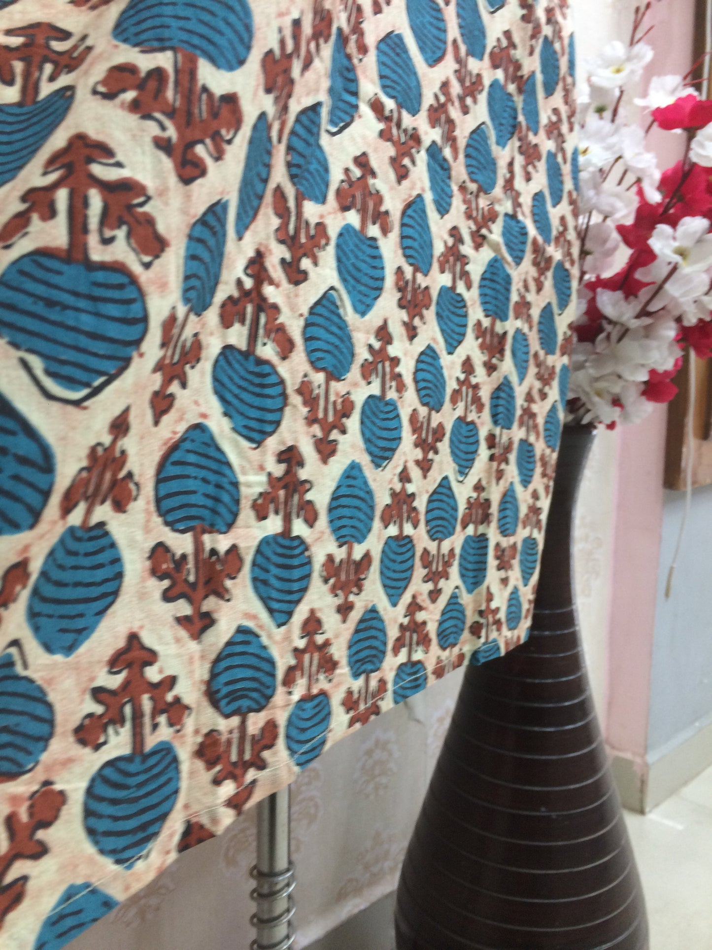 Beige & Blue Floral Block Print Cotton Kurti