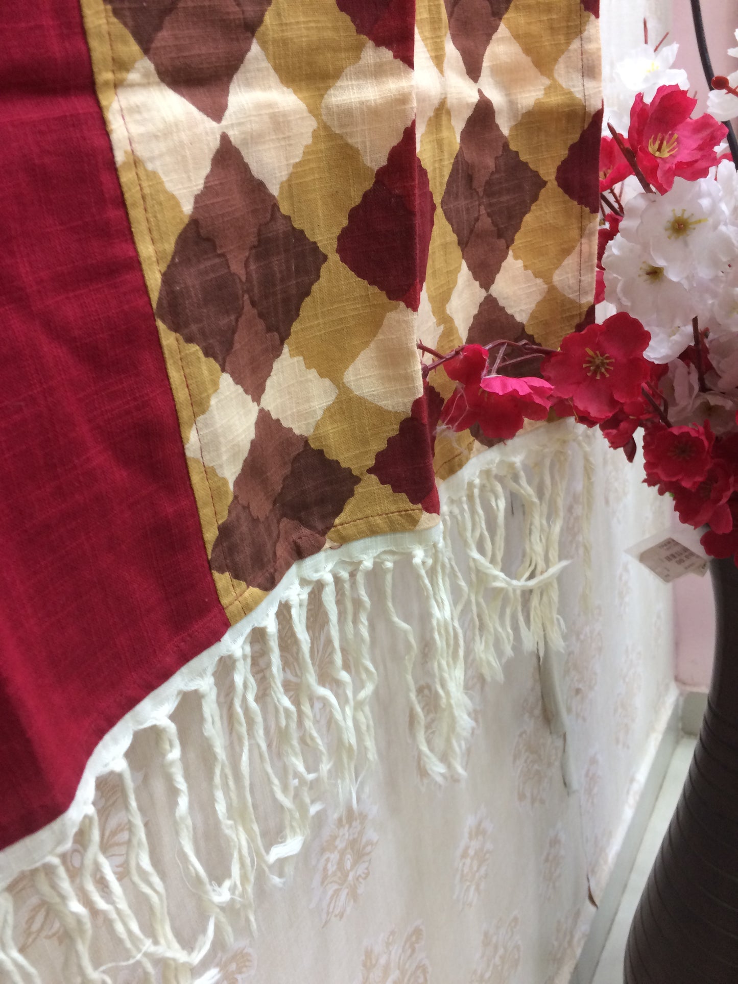 Maroon & Brown Argyle Print Cotton Kurti with Tassel Detailing