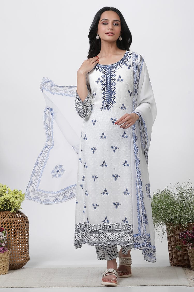Arctic White & Indigo Floral Embroidered Kurta Set with Chiffon Dupatta