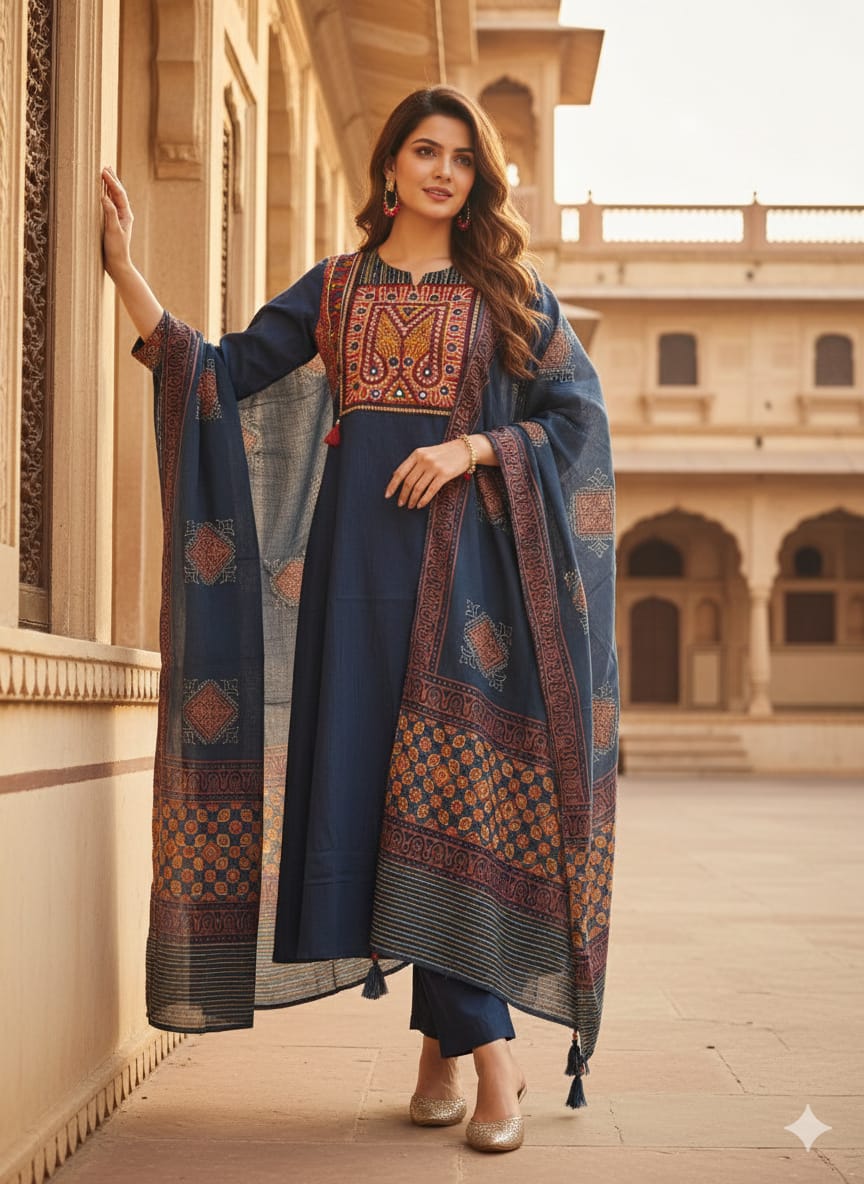 Afsana Navy Blue Anarkali Kurta Set with Embroidered Yoke