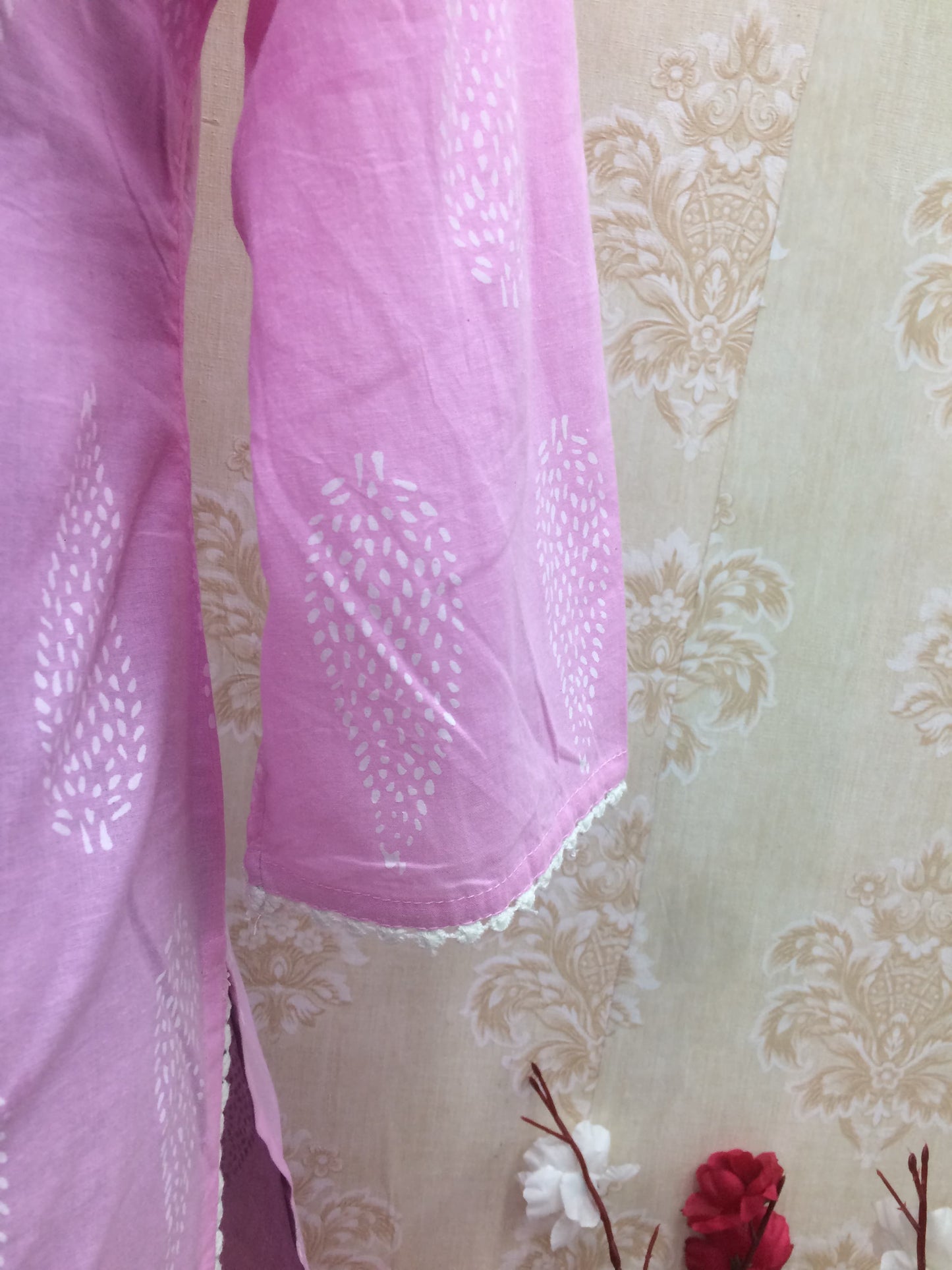 Charming Pink Cotton Kurti with White Mirror Work