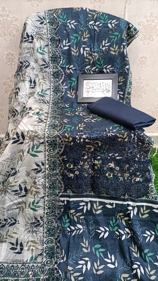 Bin Saeed unstitched blue embroidered