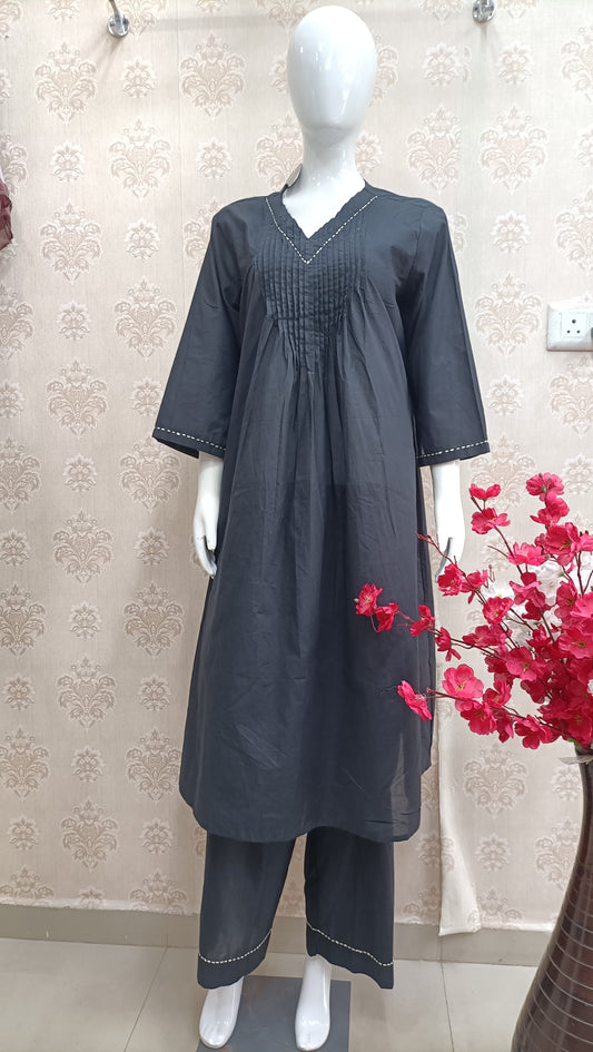 Classic Black Pintuck Kurta Set – 2-Piece (Rayon)