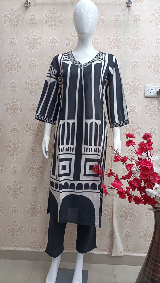 Monochrome Architectural Print Kurta Set – Rayon 2-Piece