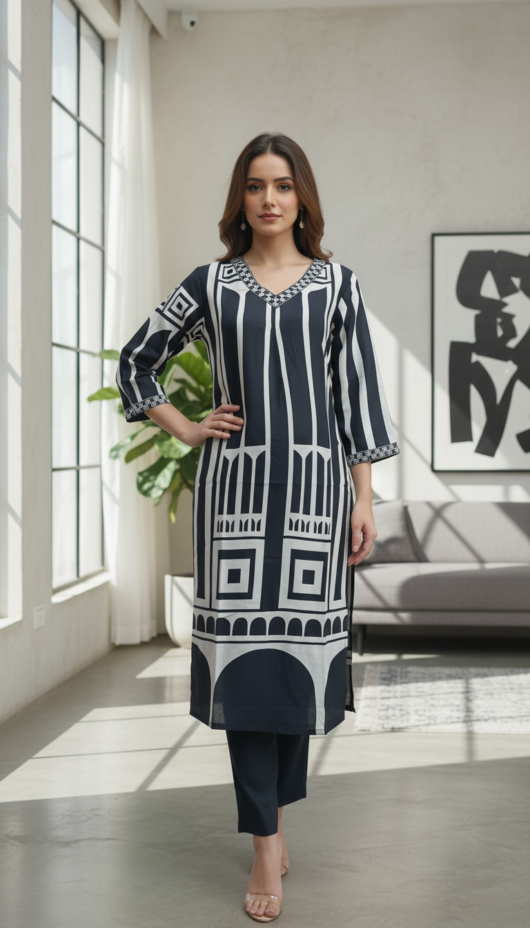 Monochrome Architectural Print Kurta Set – Rayon 2-Piece