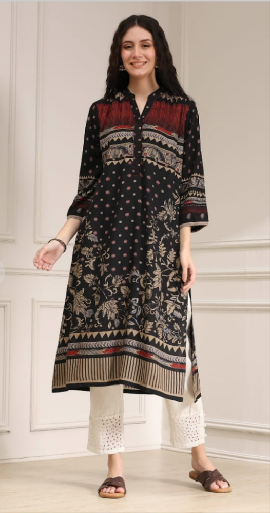 Ethnic Floral & Paisley Print Rayon Kurta
