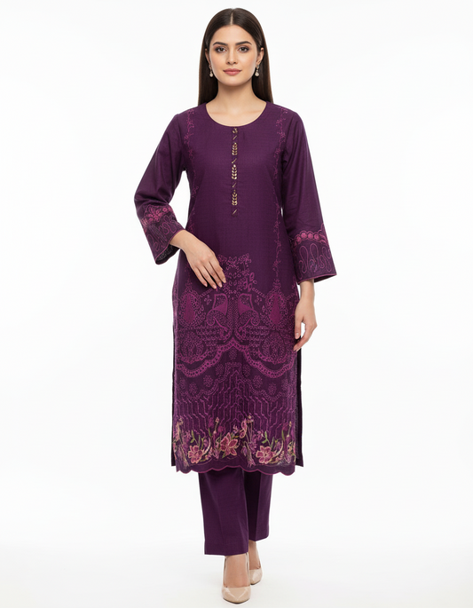 Premium Deep Purple Embroidered Jam Cotton Cord Set