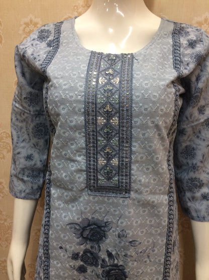 Grey Printed Cotton Suit with Embroidered Silk Dupatta