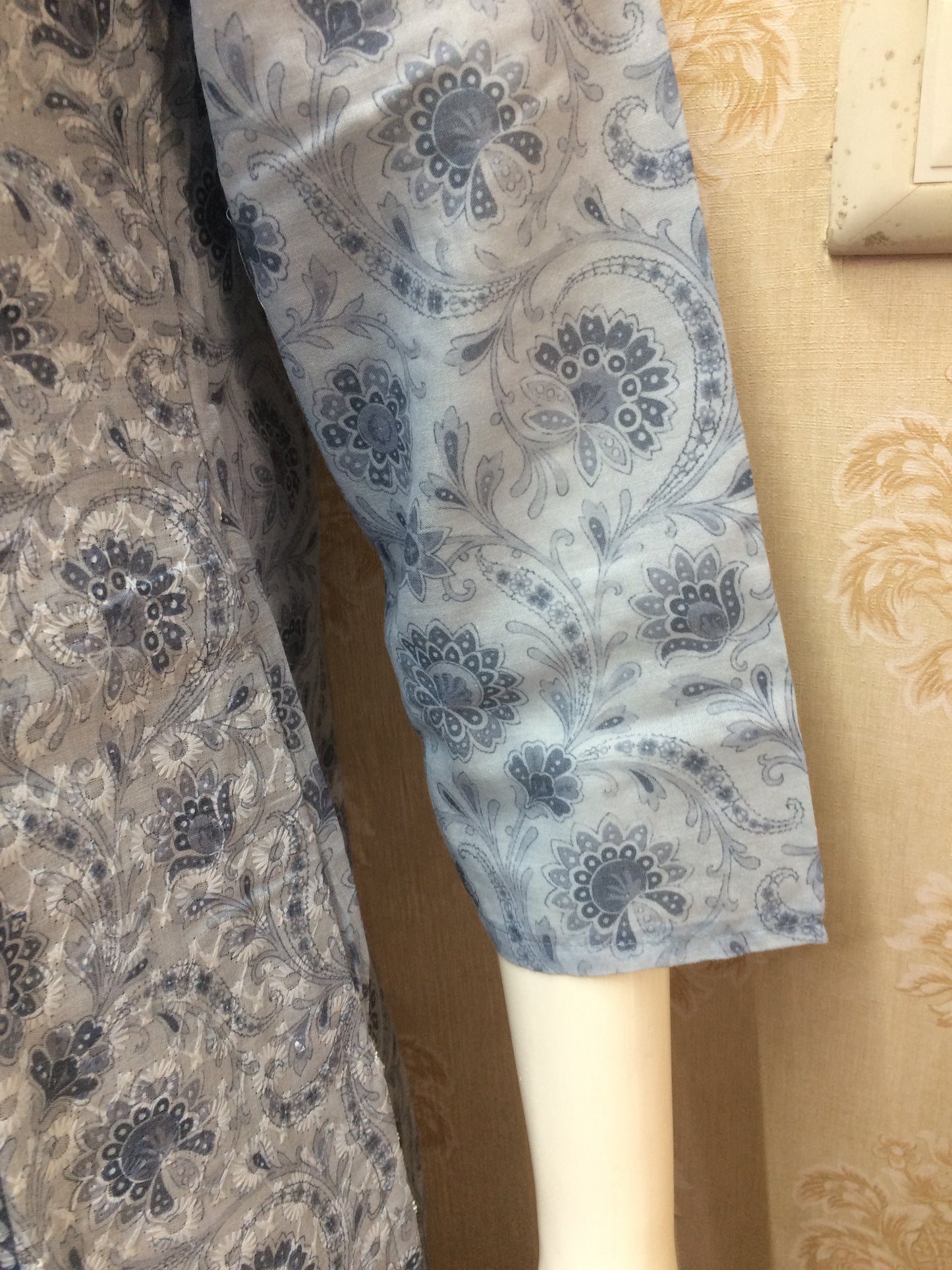 Grey Printed Cotton Suit with Embroidered Silk Dupatta