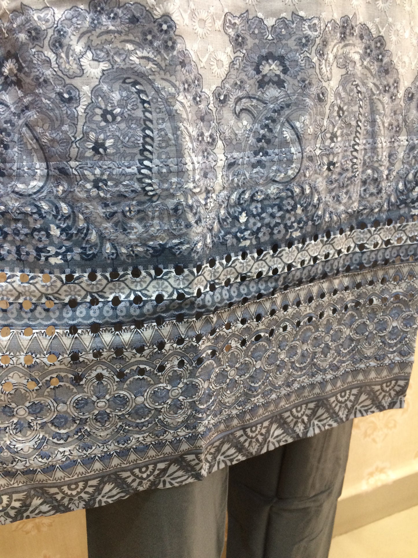 Grey Printed Cotton Suit with Embroidered Silk Dupatta