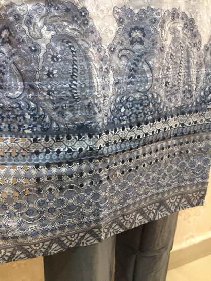 Grey Printed Cotton Suit with Embroidered Silk Dupatta